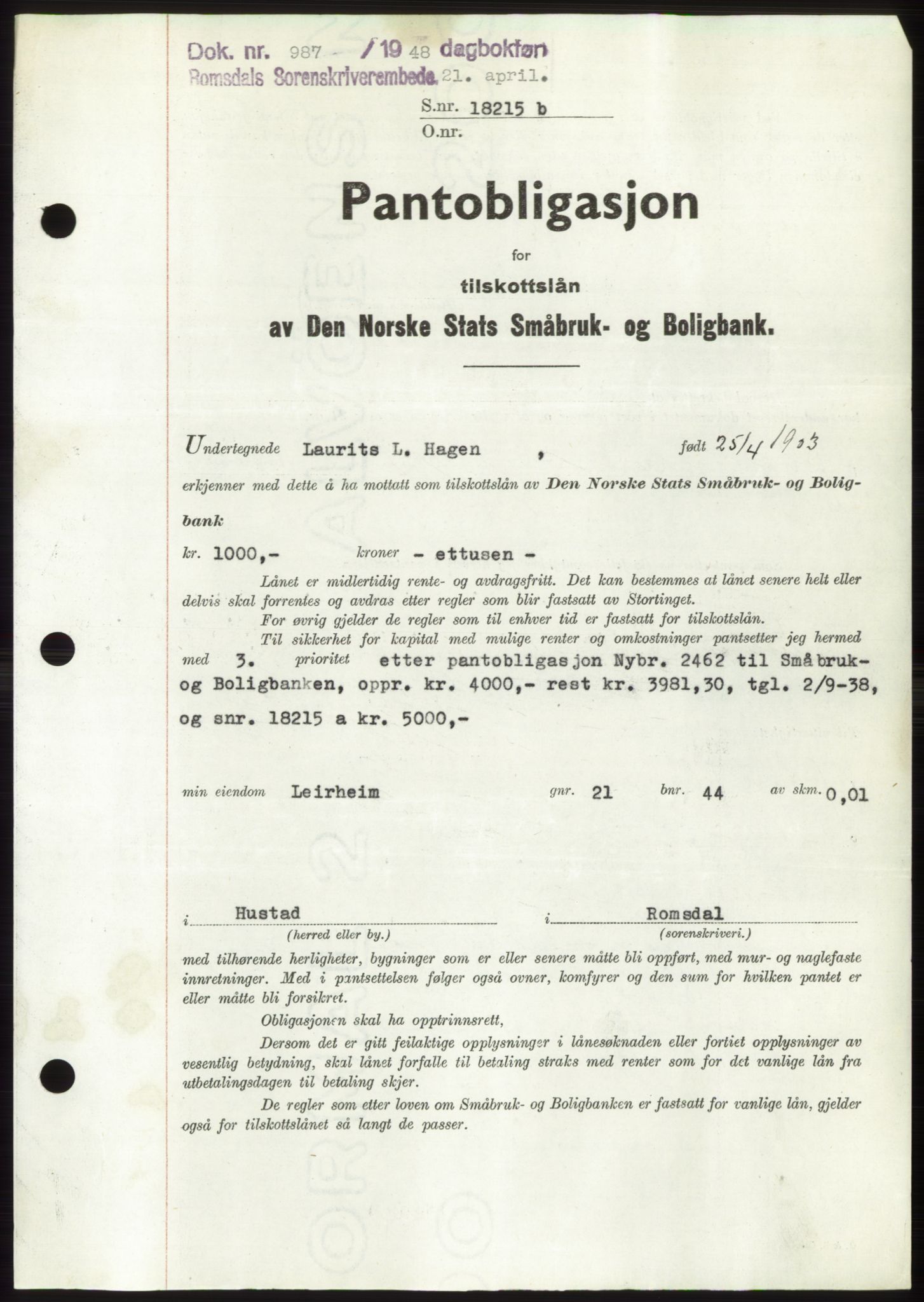 Romsdal sorenskriveri, SAT/A-4149/1/2/2C: Pantebok nr. B3, 1946-1948, Dagboknr: 987/1948