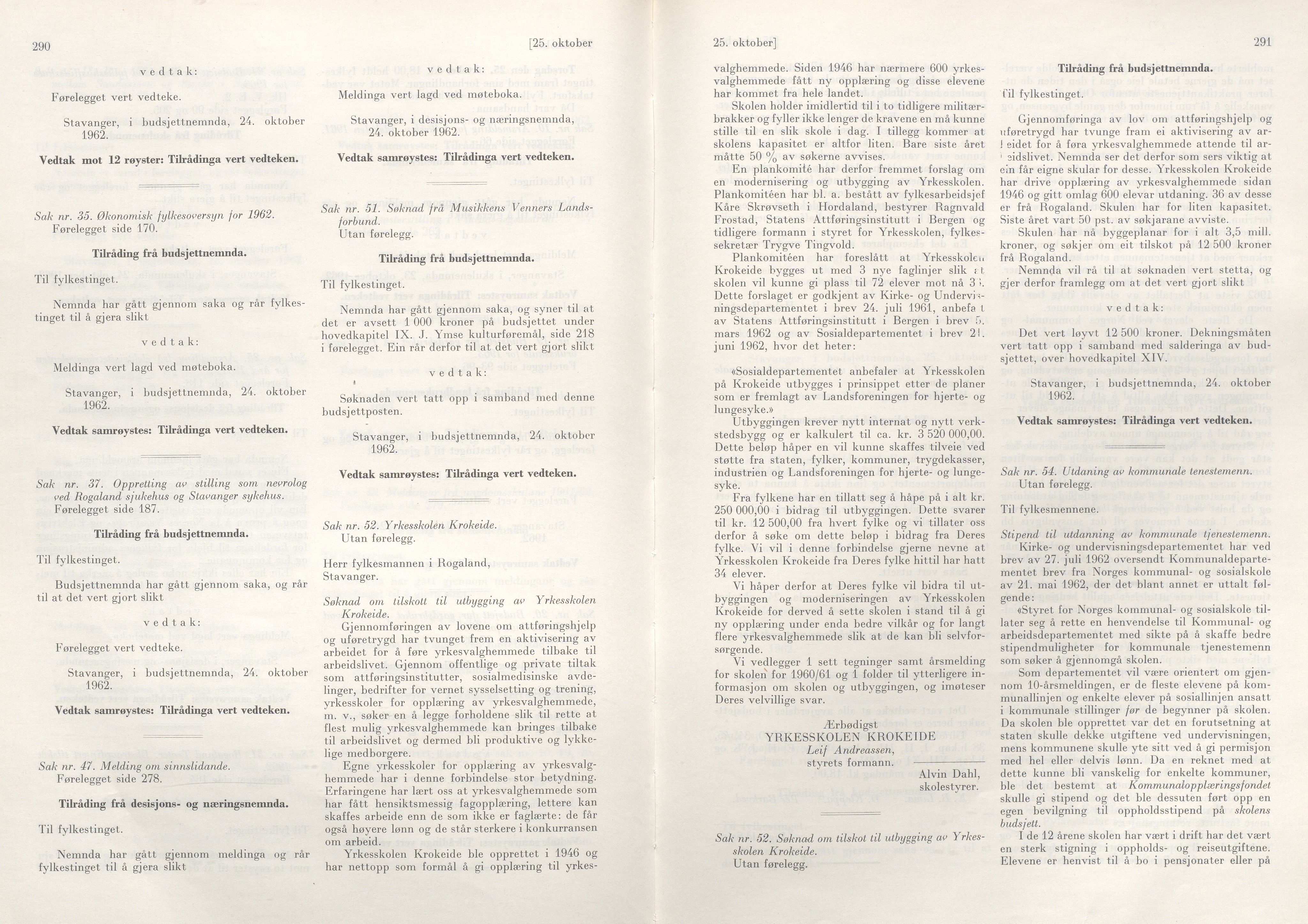 Rogaland fylkeskommune - Fylkesrådmannen , IKAR/A-900/A/Aa/Aaa/L0082: Møtebok , 1962, s. 290-291