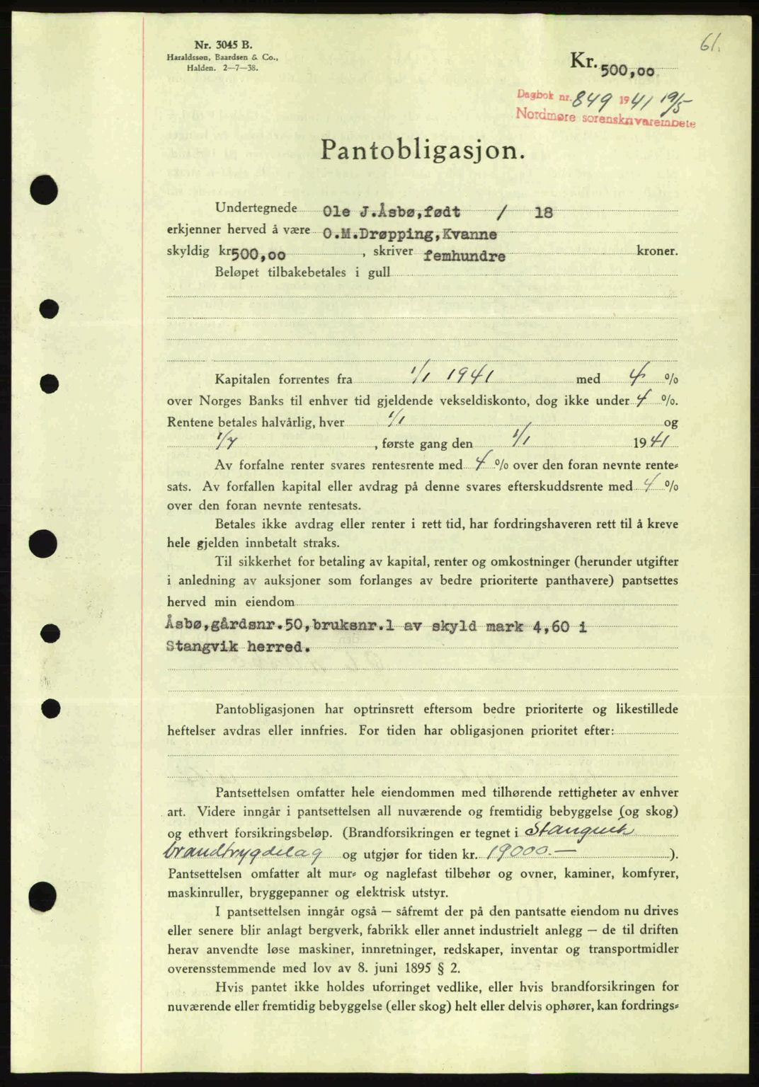 Nordmøre sorenskriveri, SAT/A-4132/1/2/2Ca: Pantebok nr. B88, 1941-1942, Dagboknr: 849/1941