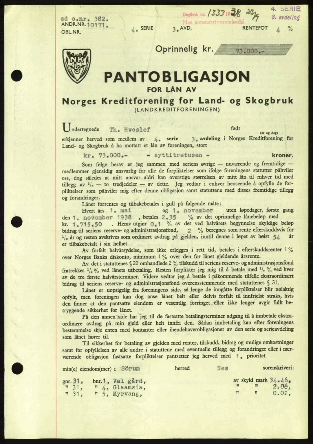 Nes tingrett, SAO/A-10548/G/Gb/Gbb/L0006: Pantebok nr. 50, 1938-1938, Dagboknr: 1333/1938