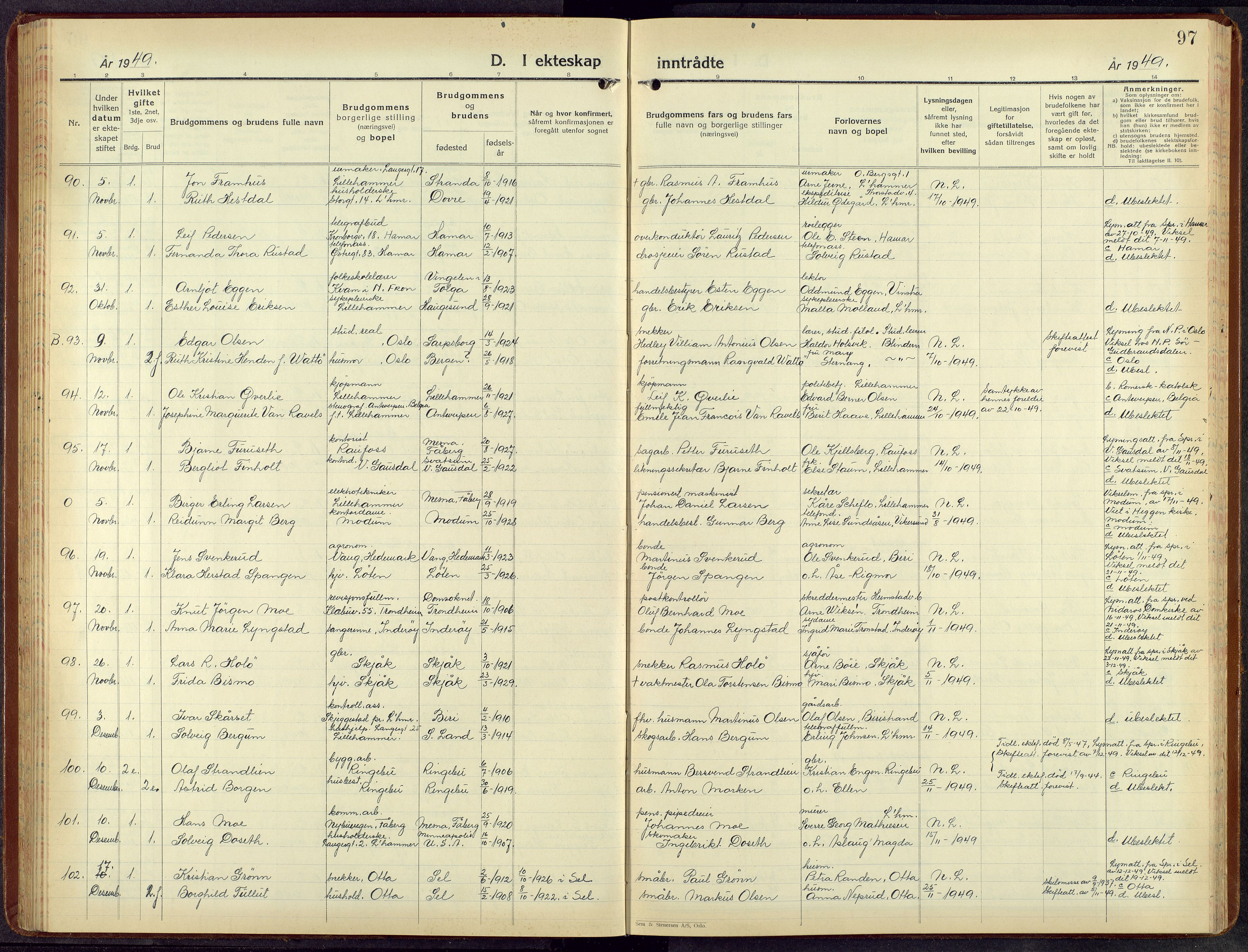 Lillehammer prestekontor, SAH/PREST-088/H/Ha/Hab/L0004: Klokkerbok nr. 4, 1940-1955, s. 97