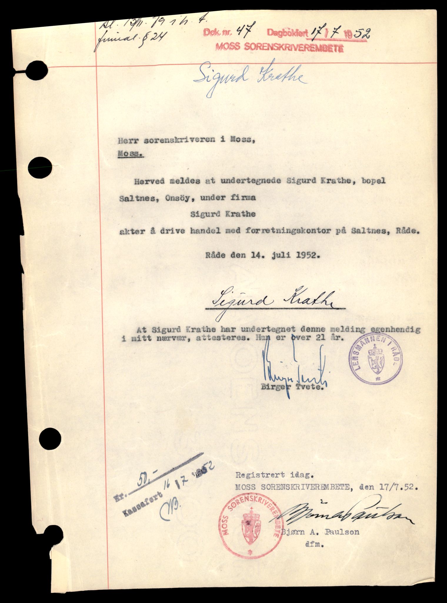 Moss tingrett, AV/SAT-A-10063/K/Kc/Kca/L0005: Enkeltmannsforetak, Kra - Moss Bok, 1944-1990, s. 1