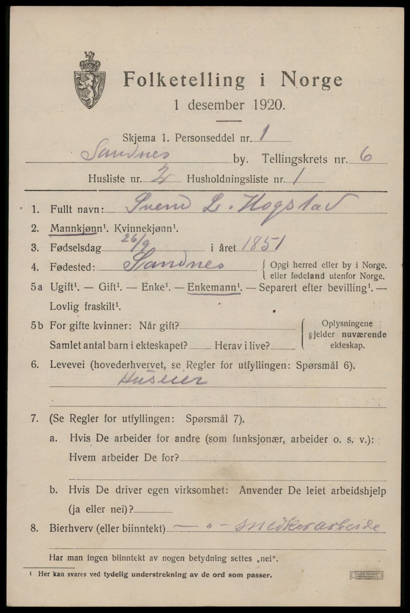 SAST, Folketelling 1920 for 1102 Sandnes ladested, 1920, s. 5130