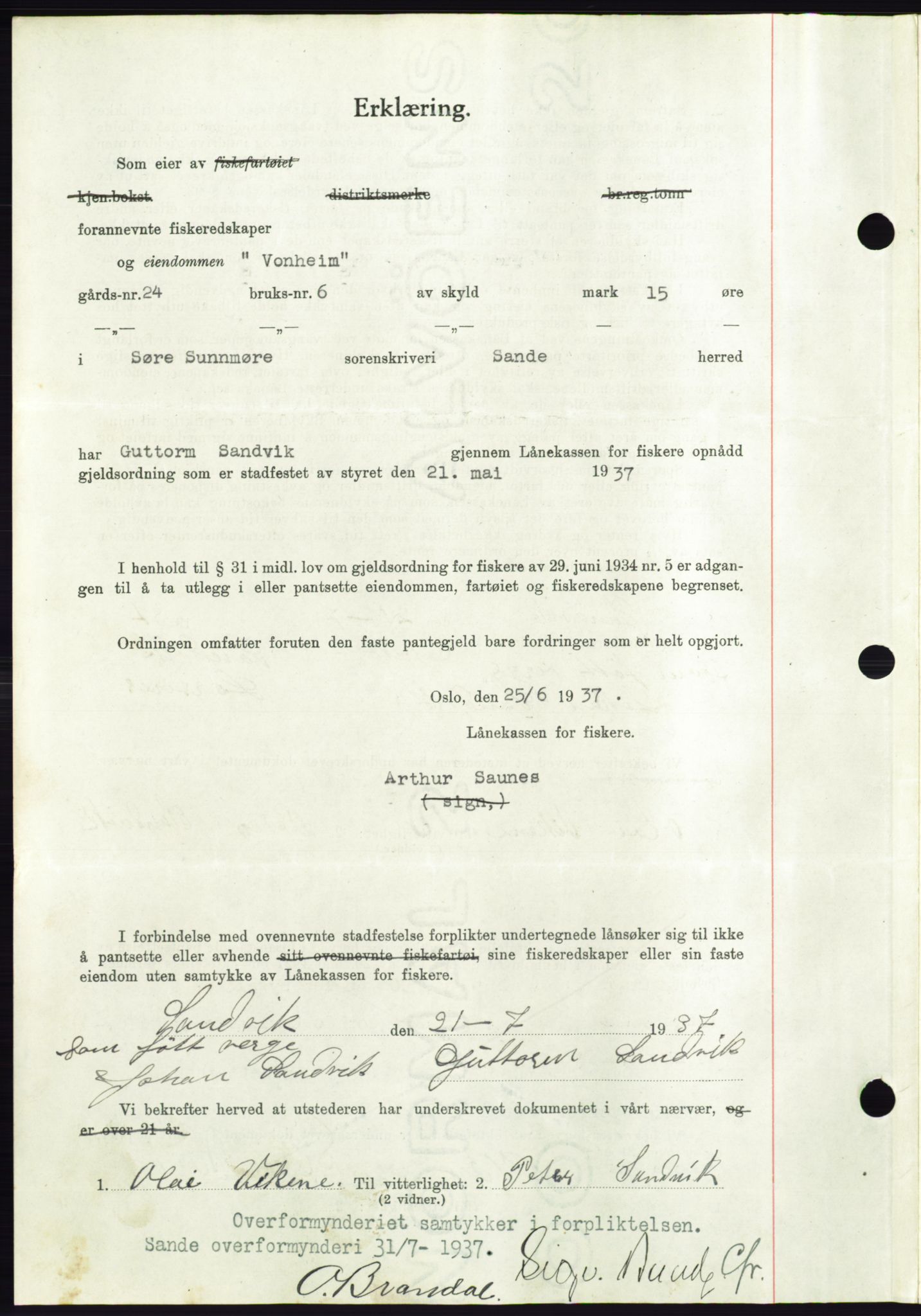 Søre Sunnmøre sorenskriveri, AV/SAT-A-4122/1/2/2C/L0063: Pantebok nr. 57, 1937-1937, Dagboknr: 1237/1937