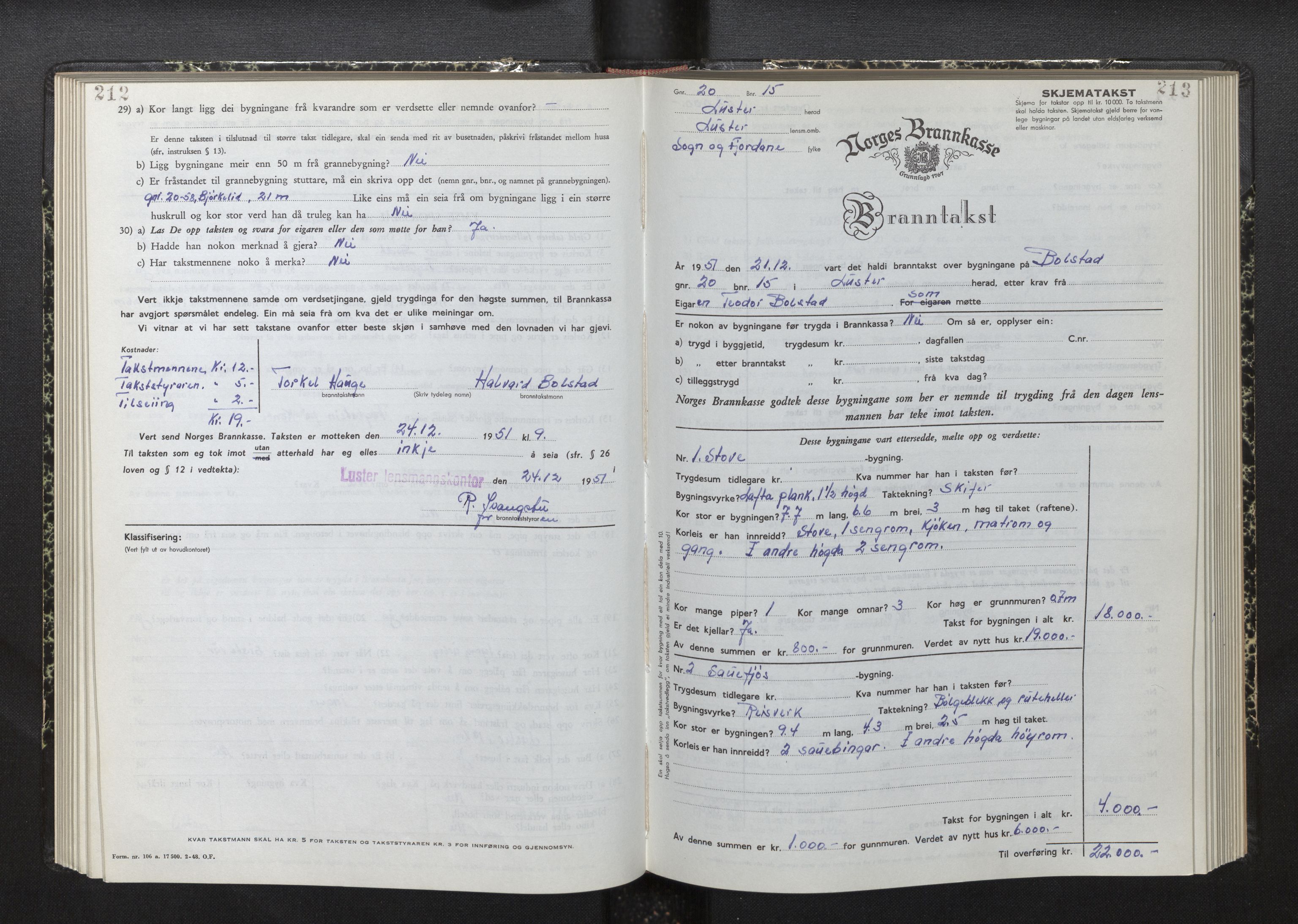 Lensmannen i Luster, AV/SAB-A-29301/0012/L0008: Branntakstprotokoll, skjematakst, 1949-1955, s. 212-213