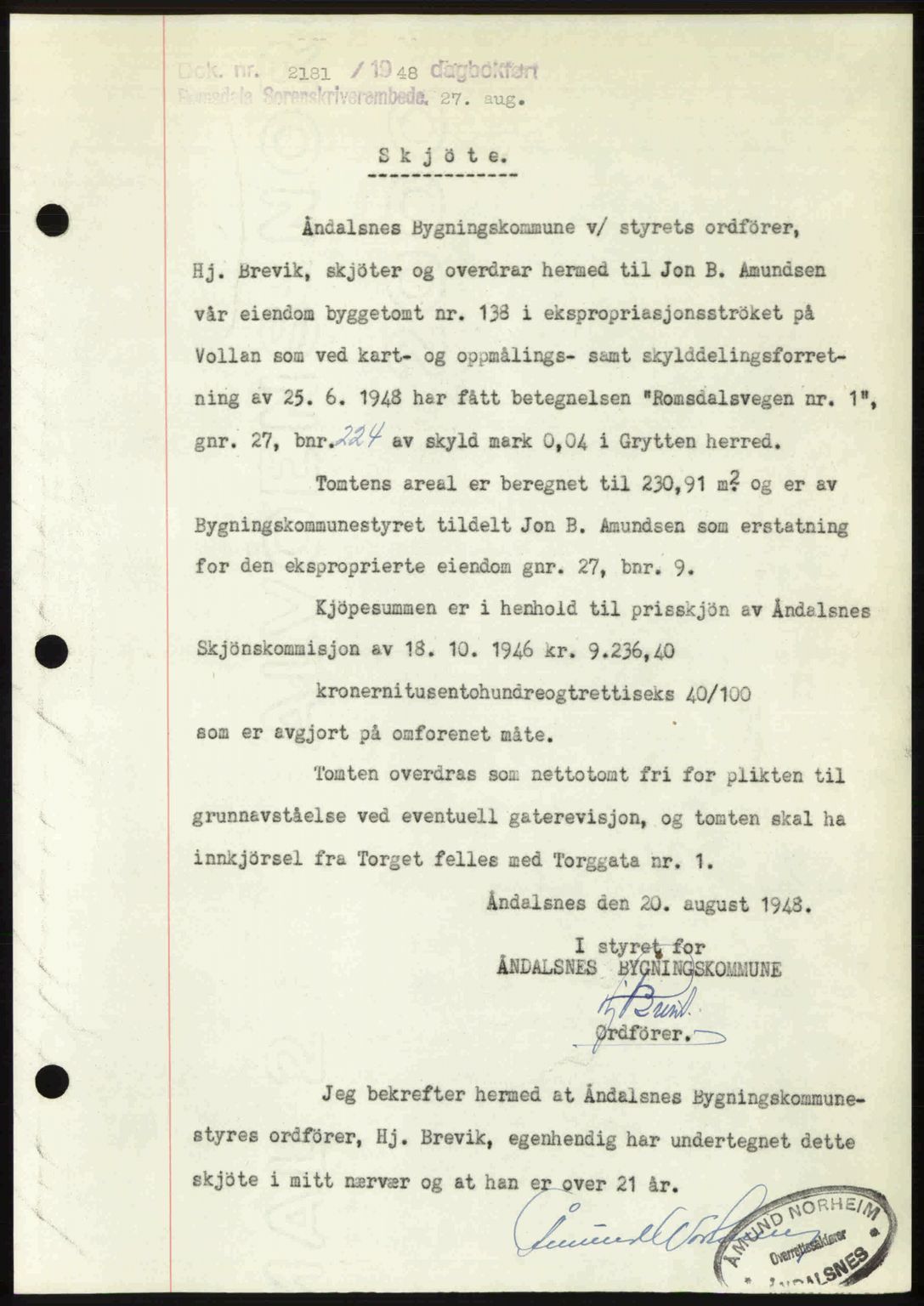 Romsdal sorenskriveri, SAT/A-4149/1/2/2C: Pantebok nr. A27, 1948-1948, Dagboknr: 2181/1948