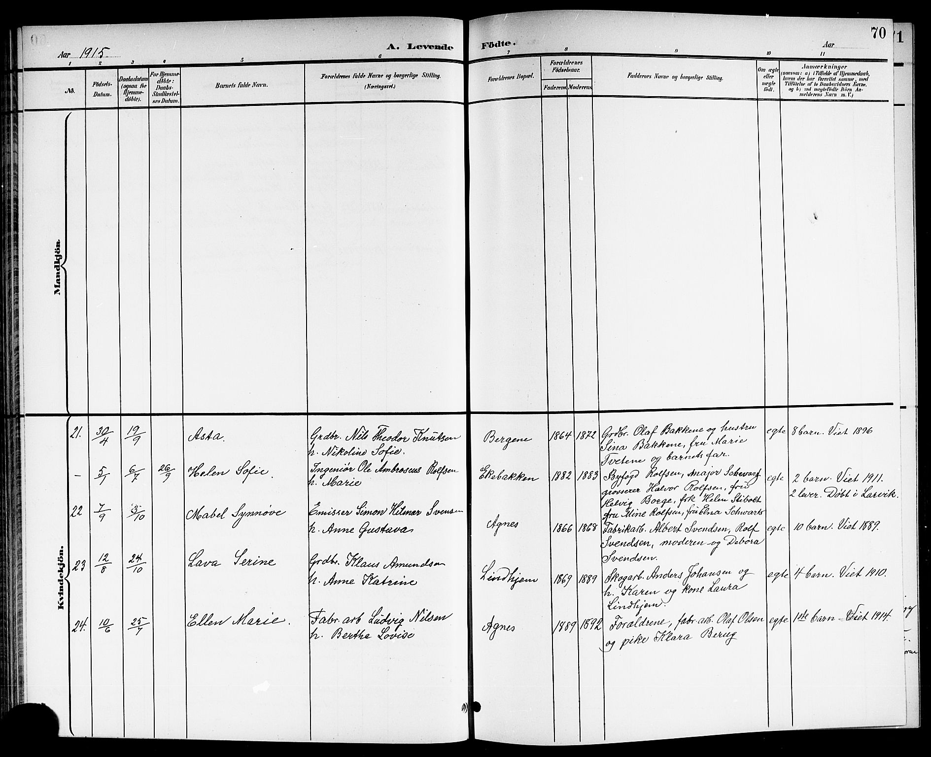 Brunlanes kirkebøker, AV/SAKO-A-342/G/Ga/L0004: Klokkerbok nr. I 4, 1898-1921, s. 70