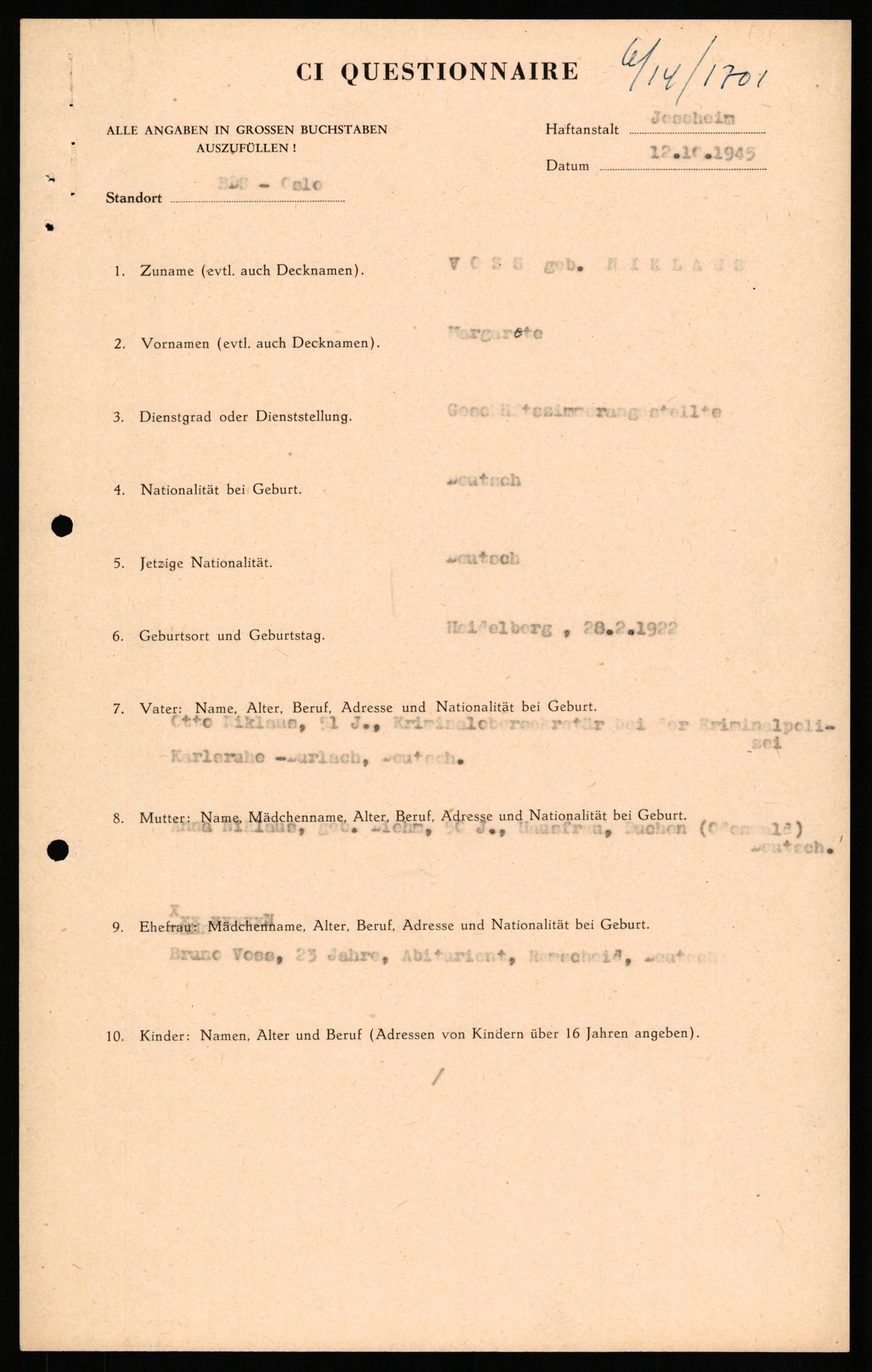 Forsvaret, Forsvarets overkommando II, RA/RAFA-3915/D/Db/L0034: CI Questionaires. Tyske okkupasjonsstyrker i Norge. Tyskere., 1945-1946, s. 341