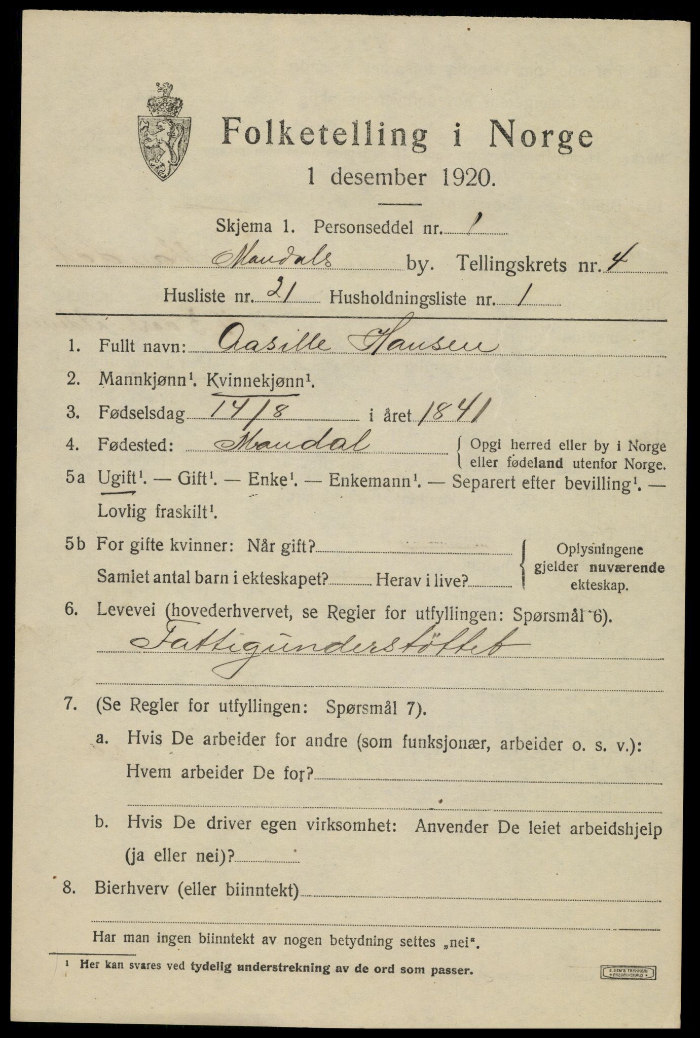 SAK, Folketelling 1920 for 1002 Mandal ladested, 1920, s. 7237