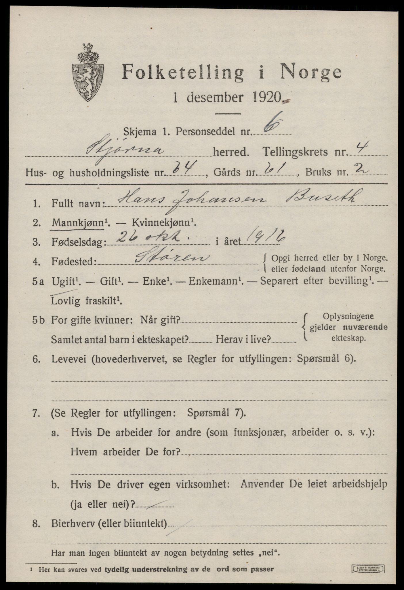 SAT, Folketelling 1920 for 1626 Stjørna herred, 1920, s. 3828