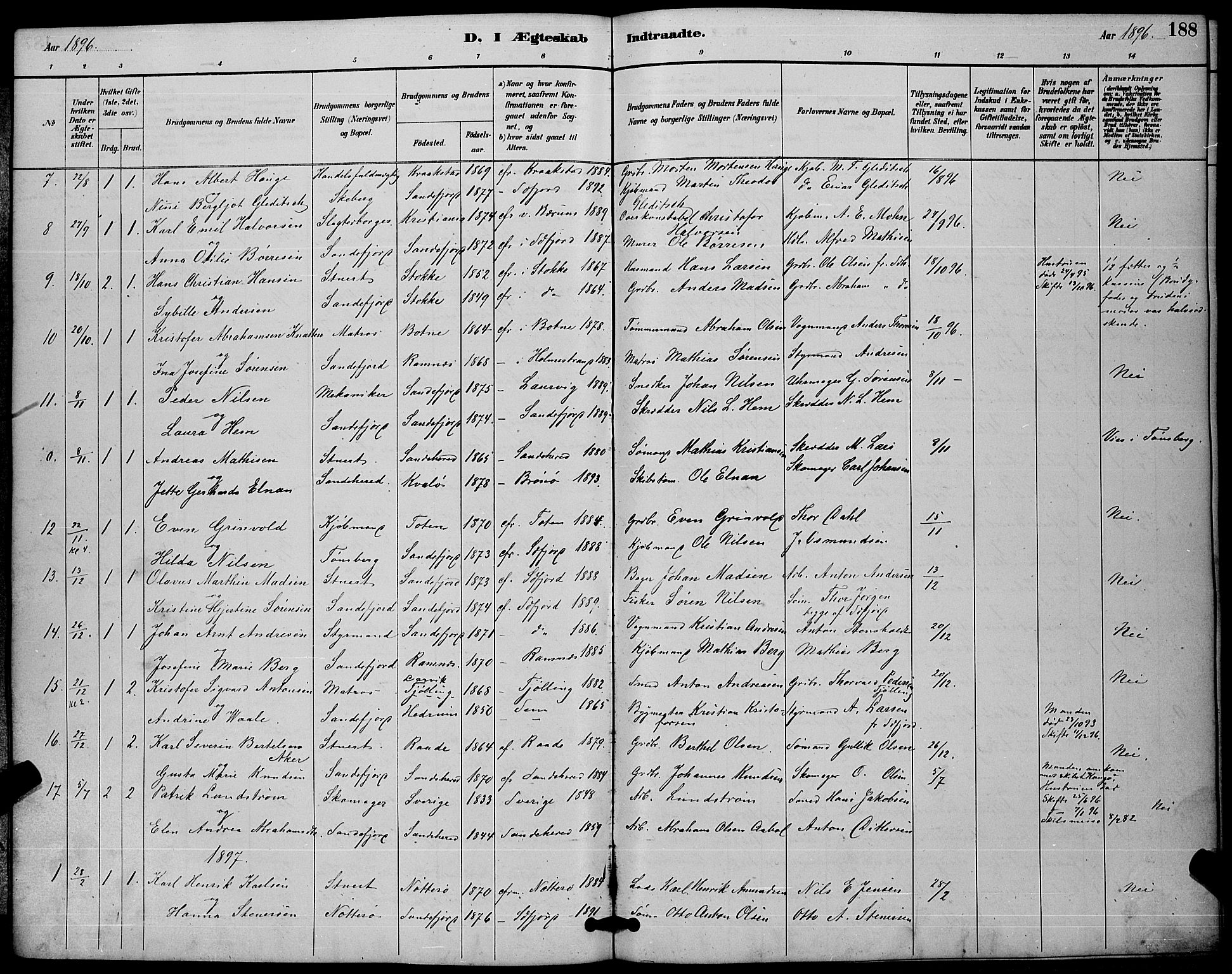 Sandefjord kirkebøker, AV/SAKO-A-315/G/Ga/L0001: Klokkerbok nr. 1, 1885-1903, s. 188