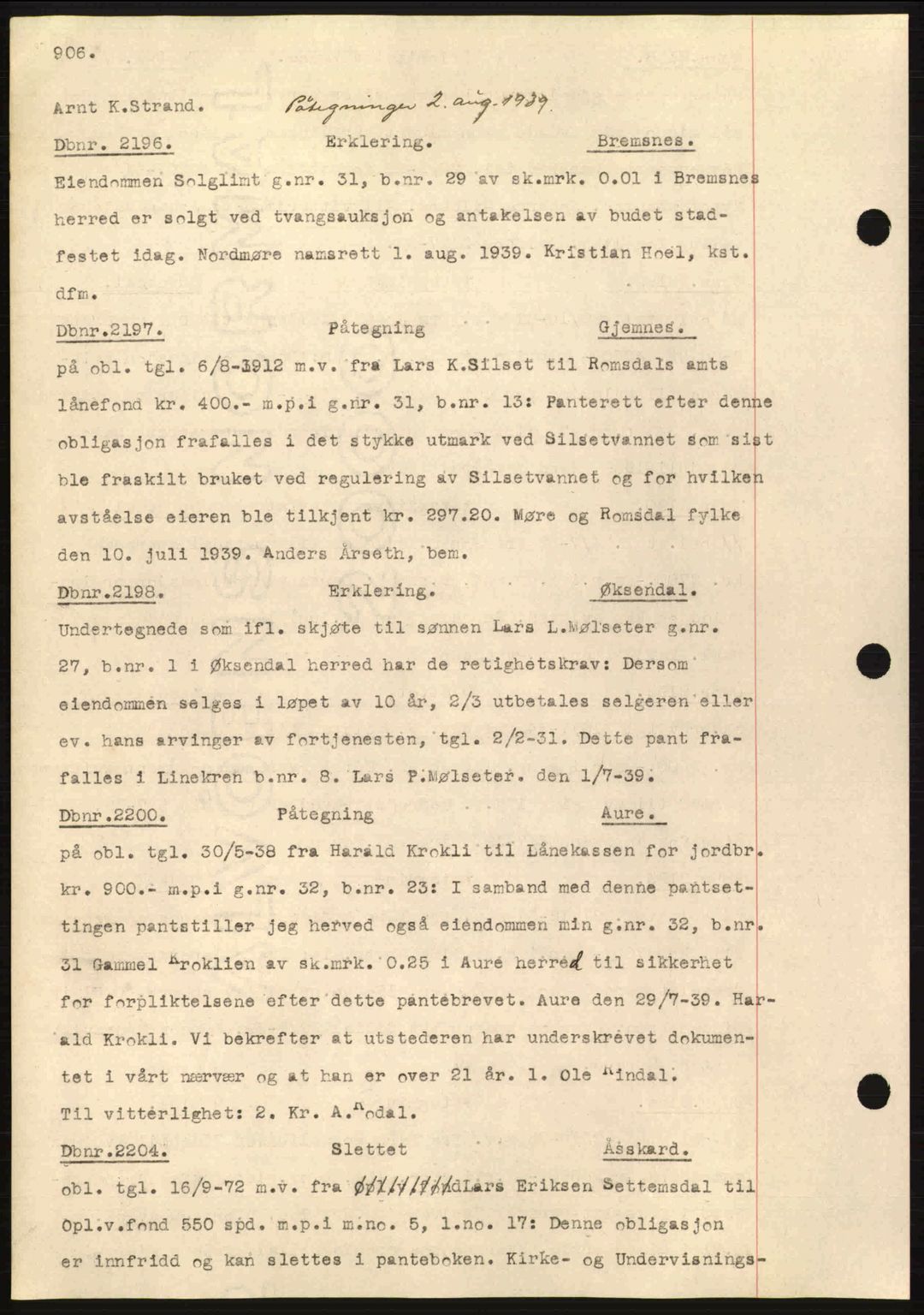 Nordmøre sorenskriveri, SAT/A-4132/1/2/2Ca: Pantebok nr. C80, 1936-1939, Dagboknr: 2196/1939