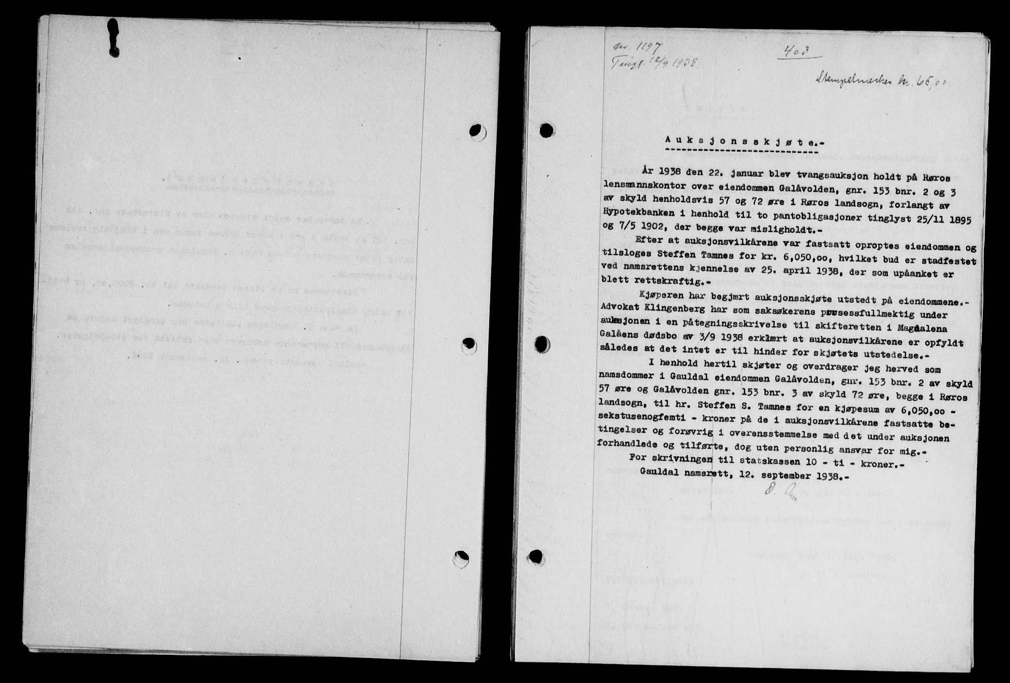 Gauldal sorenskriveri, SAT/A-0014/1/2/2C/L0049: Pantebok nr. 53, 1938-1938, Dagboknr: 1197/1938