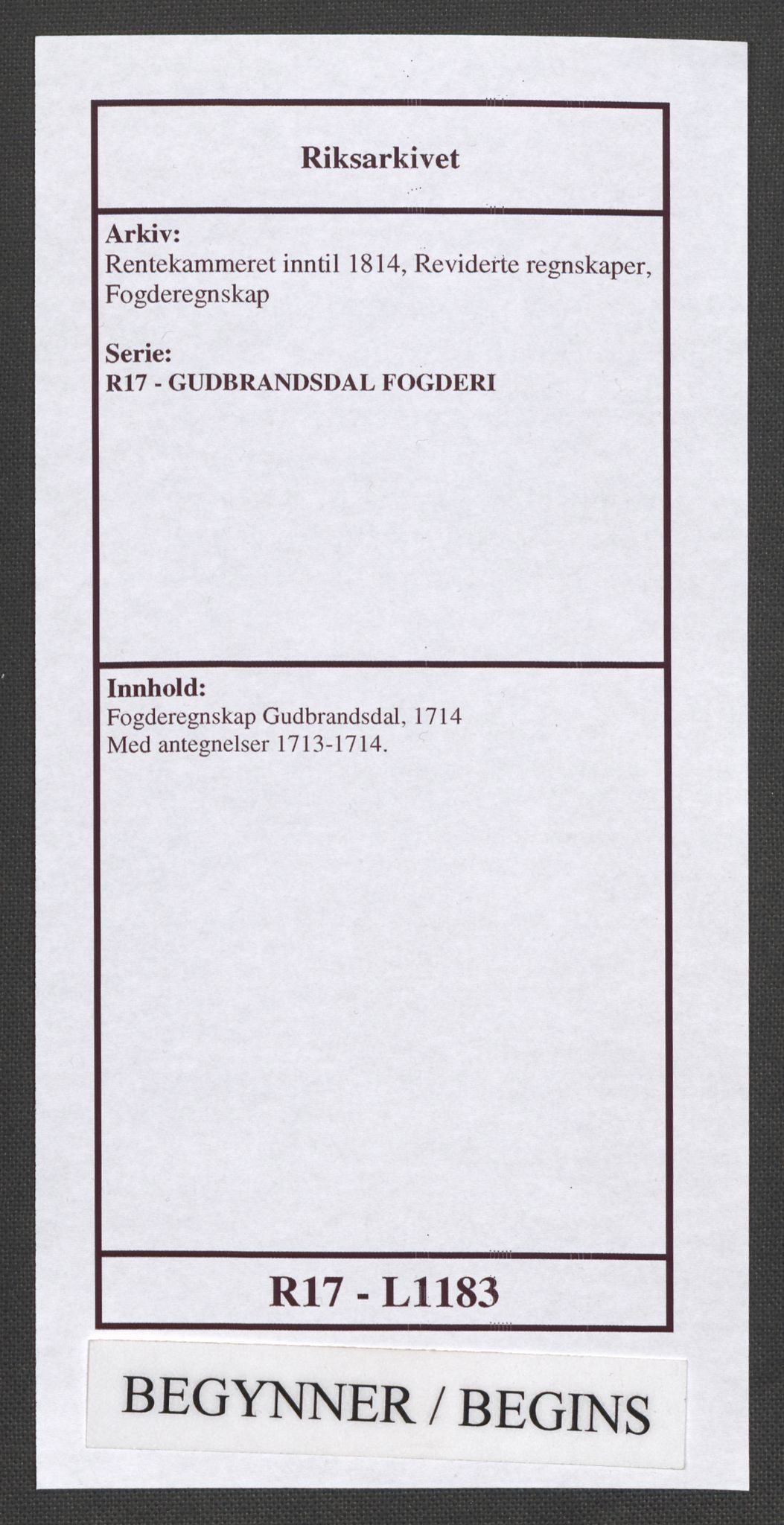 Rentekammeret inntil 1814, Reviderte regnskaper, Fogderegnskap, RA/EA-4092/R17/L1183: Fogderegnskap Gudbrandsdal, 1714, s. 1