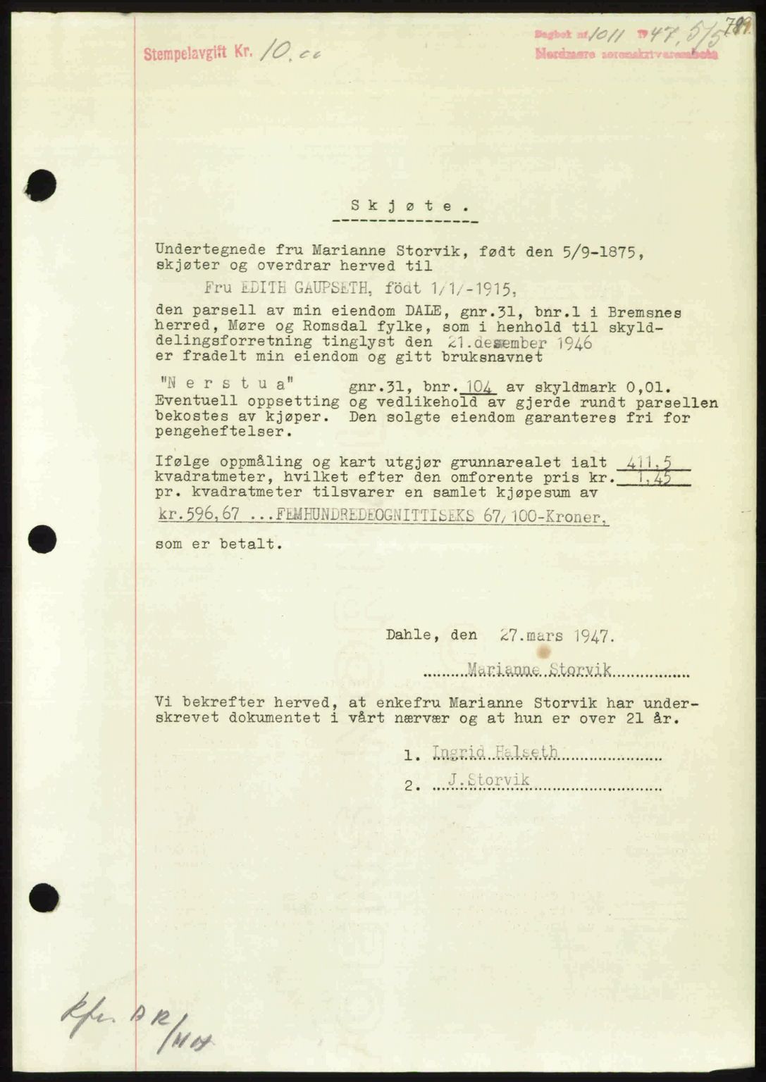 Nordmøre sorenskriveri, SAT/A-4132/1/2/2Ca: Pantebok nr. A104, 1947-1947, Dagboknr: 1011/1947