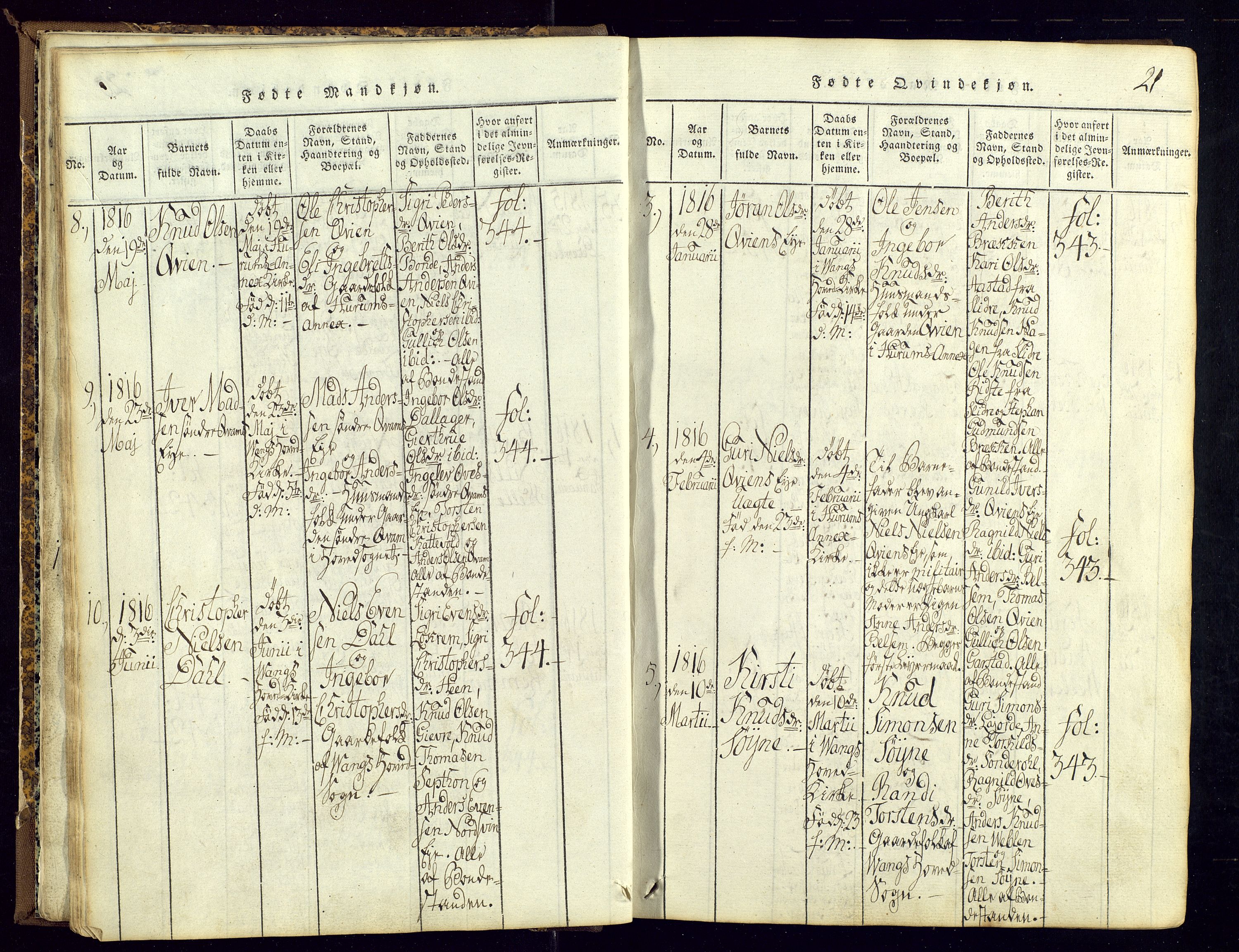 Vang prestekontor, Valdres, AV/SAH-PREST-140/H/Ha/L0004: Ministerialbok nr. 4, 1814-1831, s. 21