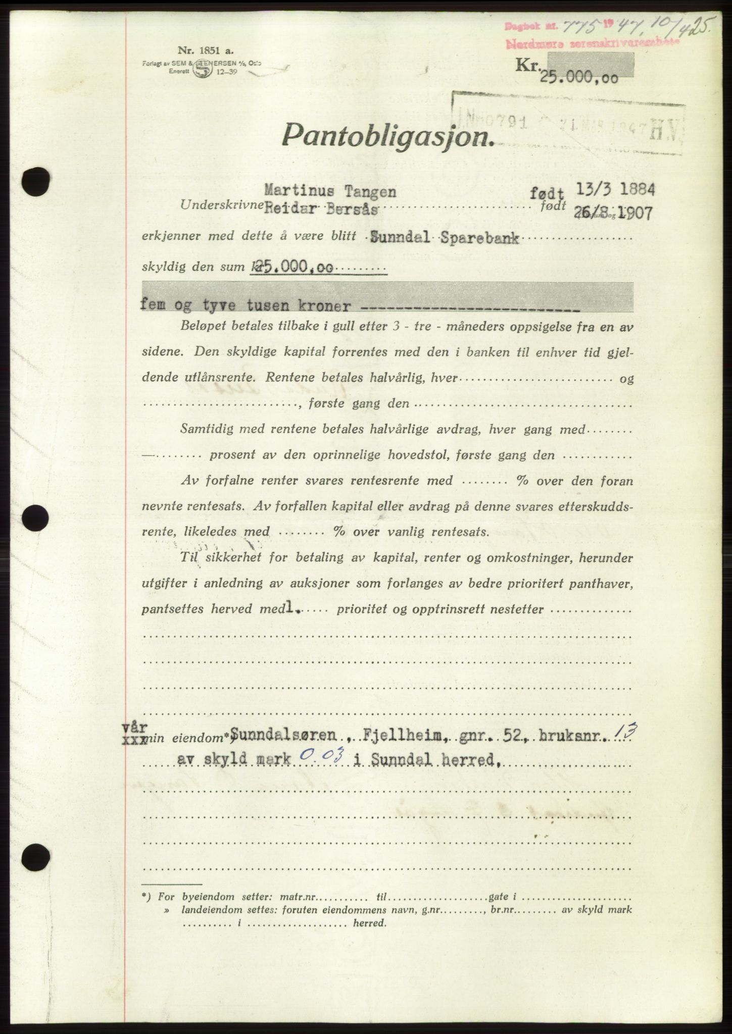 Nordmøre sorenskriveri, SAT/A-4132/1/2/2Ca: Pantebok nr. B96, 1947-1947, Dagboknr: 775/1947
