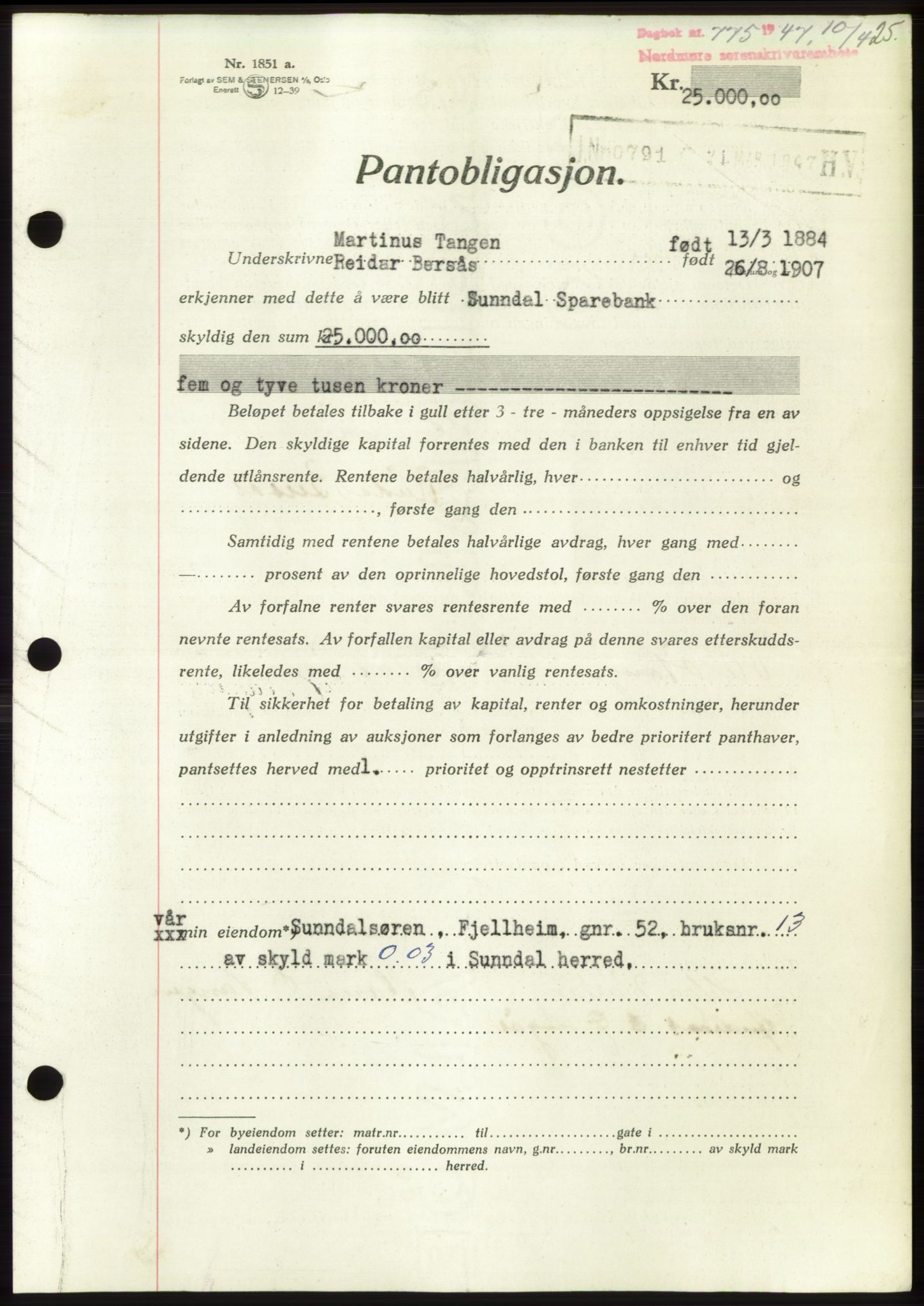 Nordmøre sorenskriveri, AV/SAT-A-4132/1/2/2Ca: Pantebok nr. B96, 1947-1947, Dagboknr: 775/1947