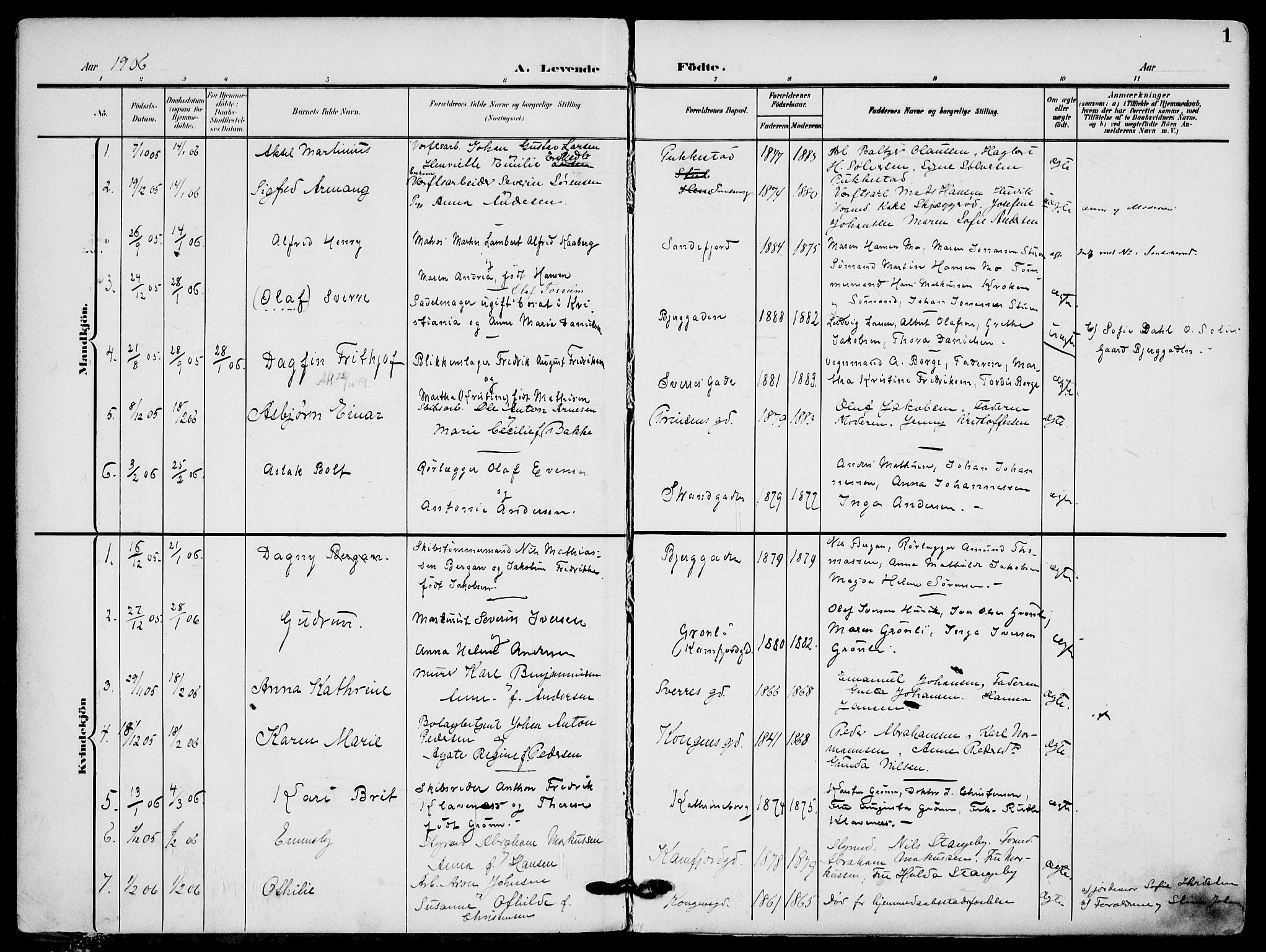 Sandefjord kirkebøker, AV/SAKO-A-315/F/Fa/L0005: Ministerialbok nr. 5, 1906-1915, s. 1