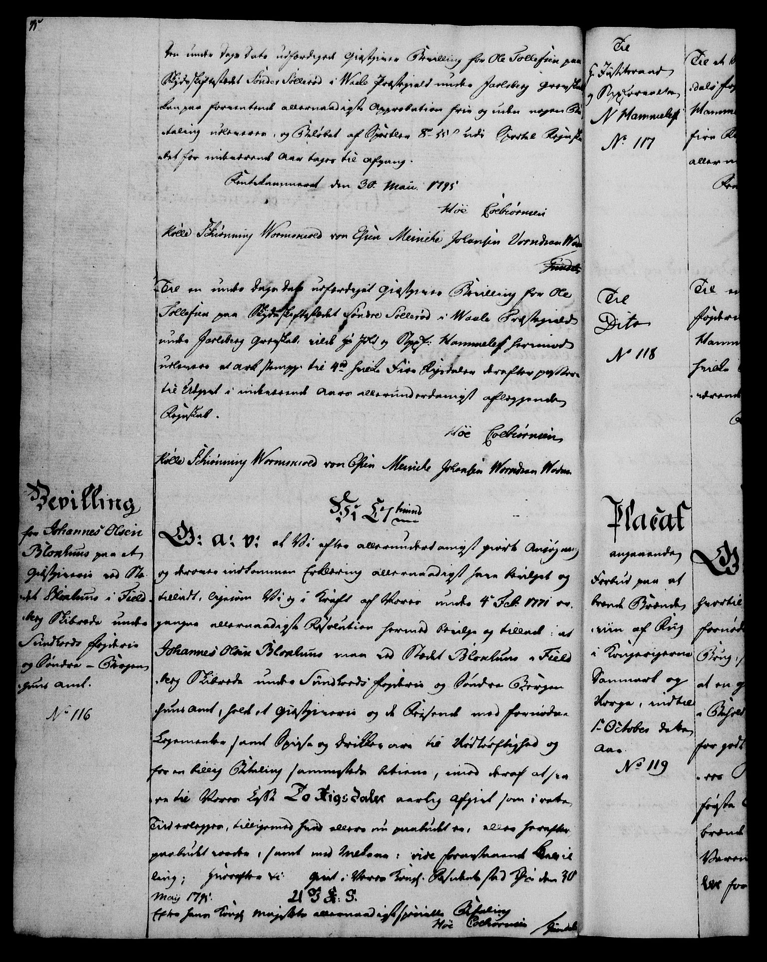 Rentekammeret, Kammerkanselliet, AV/RA-EA-3111/G/Gg/Gga/L0016: Norsk ekspedisjonsprotokoll med register (merket RK 53.16), 1794-1800, s. 75