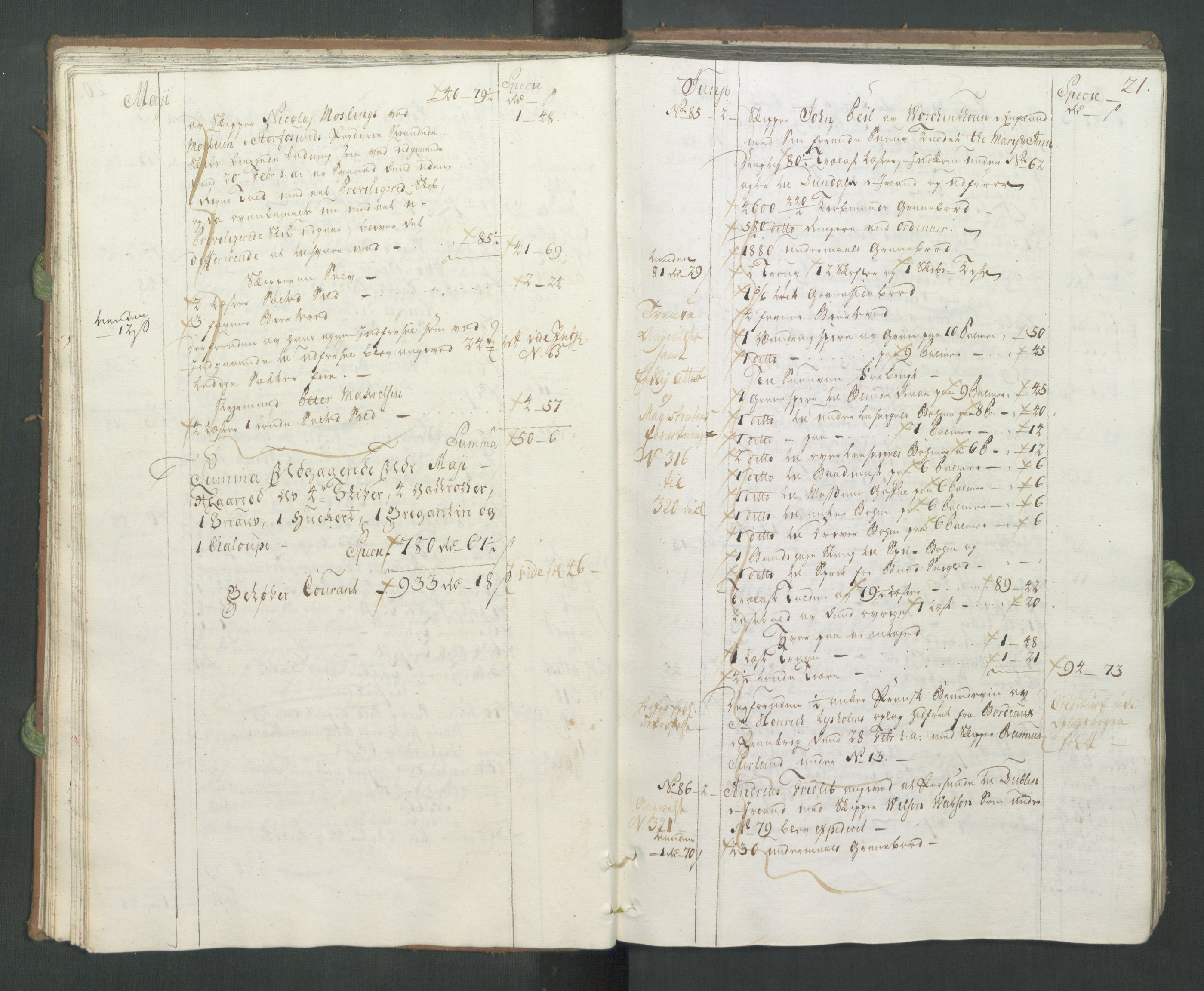 Generaltollkammeret, tollregnskaper, AV/RA-EA-5490/R33/L0065/0001: Tollregnskaper Trondheim A / Utgående hovedtollbok, 1760, s. 20b-21a