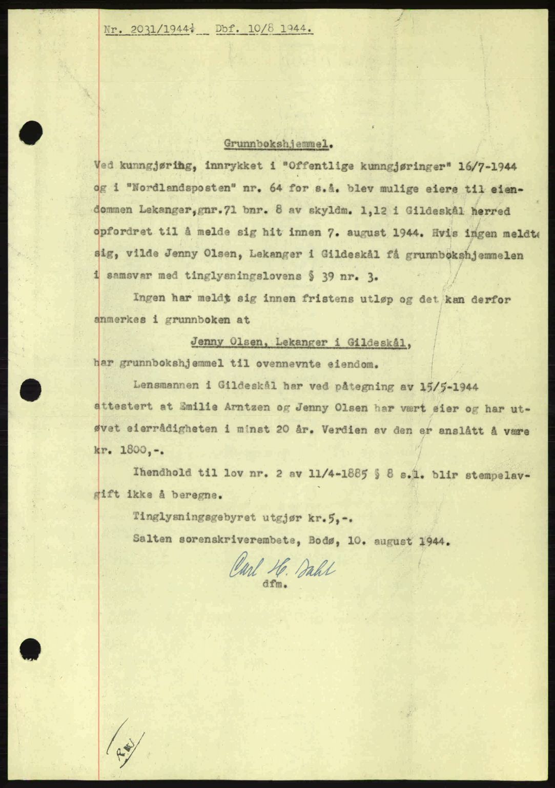 Salten sorenskriveri, SAT/A-4578/1/2/2C: Pantebok nr. A14-15, 1943-1945, Dagboknr: 2031/1944