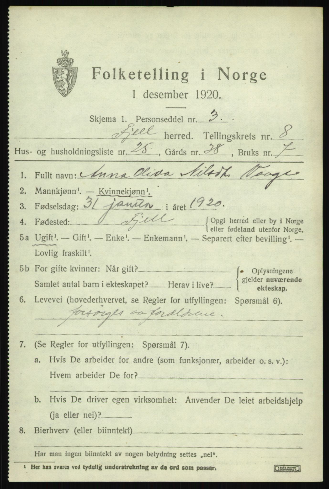 SAB, Folketelling 1920 for 1246 Fjell herred, 1920, s. 7468