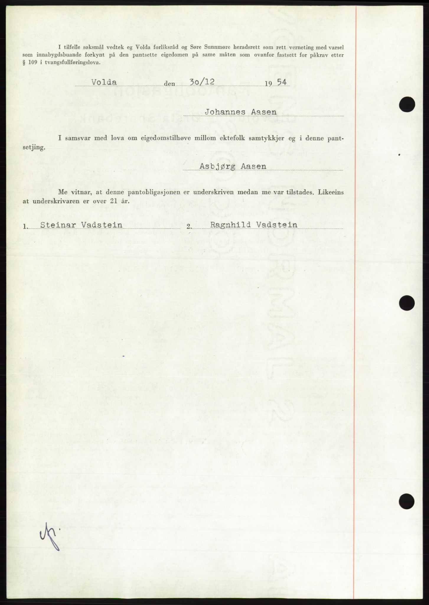 Søre Sunnmøre sorenskriveri, AV/SAT-A-4122/1/2/2C/L0126: Pantebok nr. 14B, 1954-1955, Dagboknr: 3443/1954