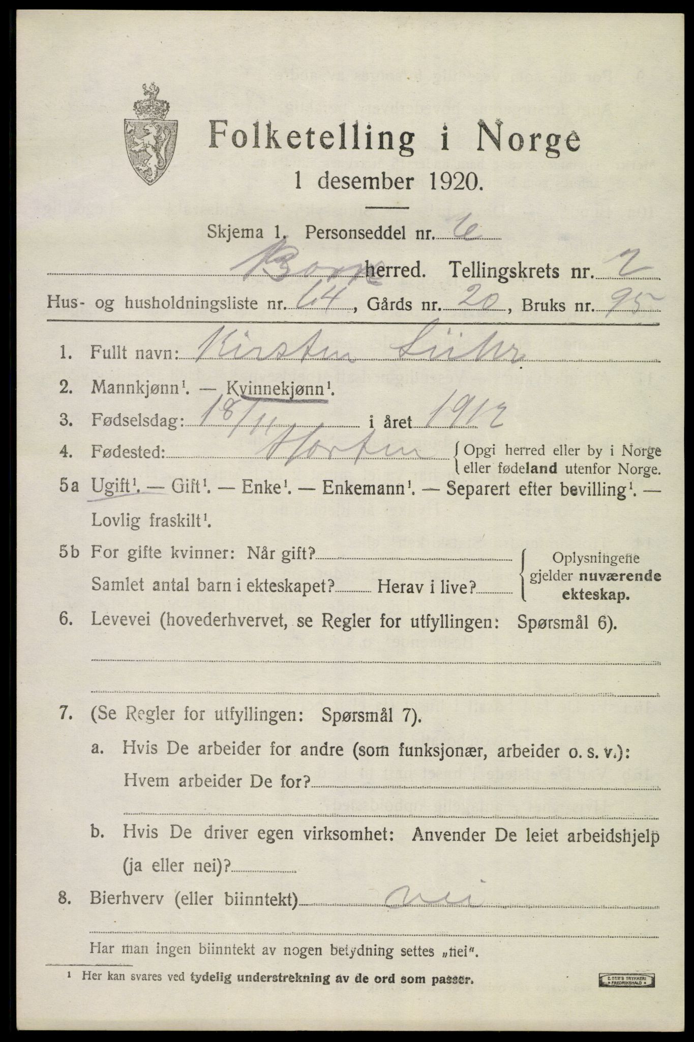 SAKO, Folketelling 1920 for 0717 Borre herred, 1920, s. 4912
