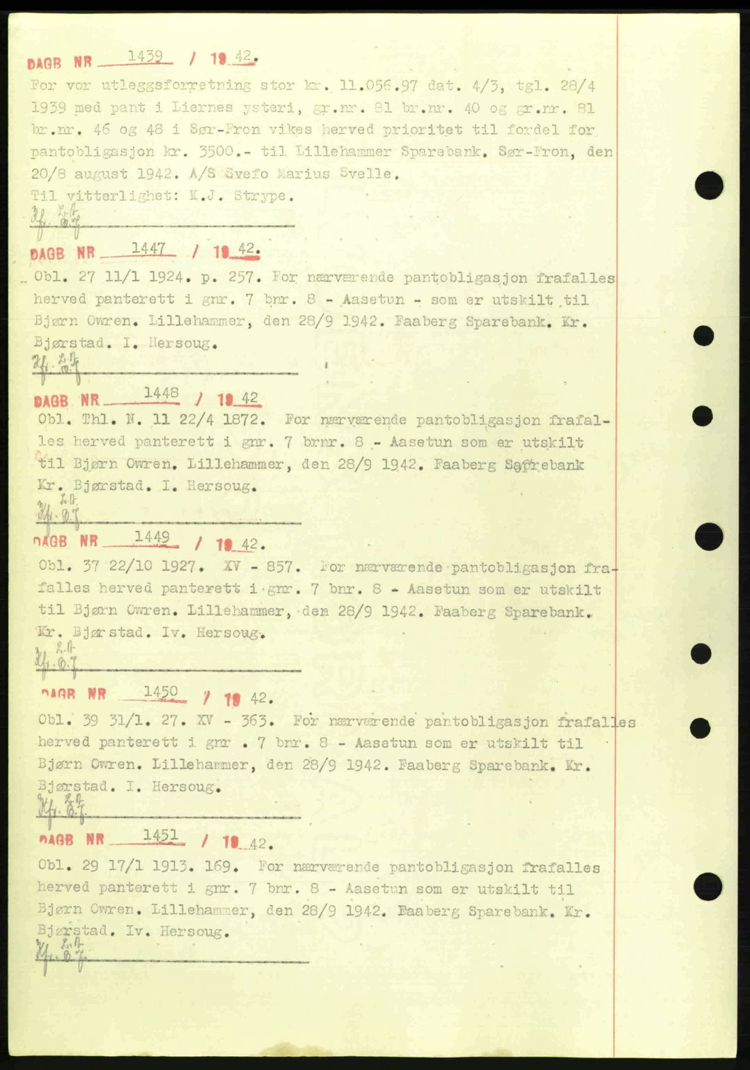 Sør-Gudbrandsdal tingrett, SAH/TING-004/H/Hb/Hbf/L0003: Pantebok nr. C5a, 1939-1946, Dagboknr: 1439/1942