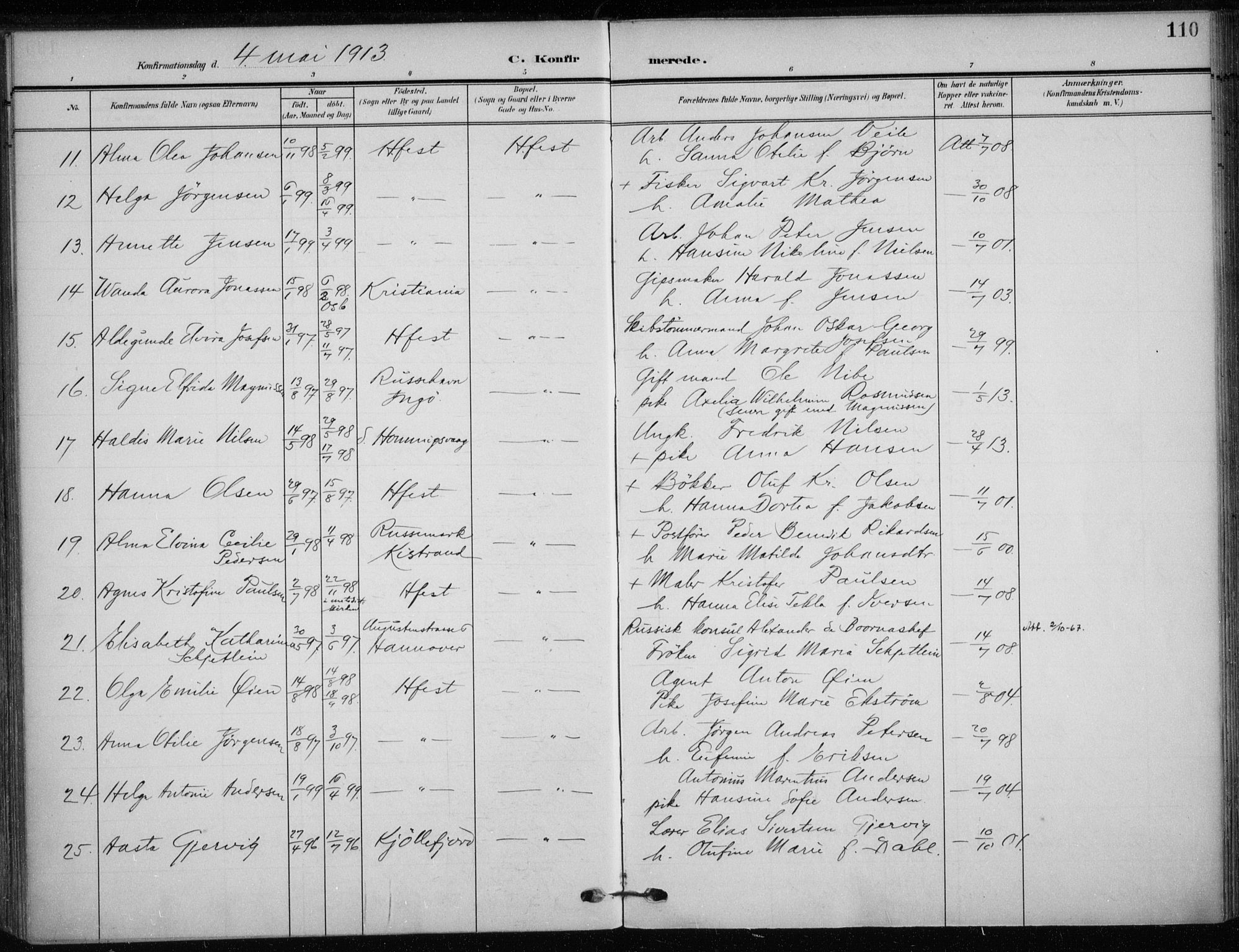 Hammerfest sokneprestkontor, AV/SATØ-S-1347/H/Ha/L0014.kirke: Ministerialbok nr. 14, 1906-1916, s. 110