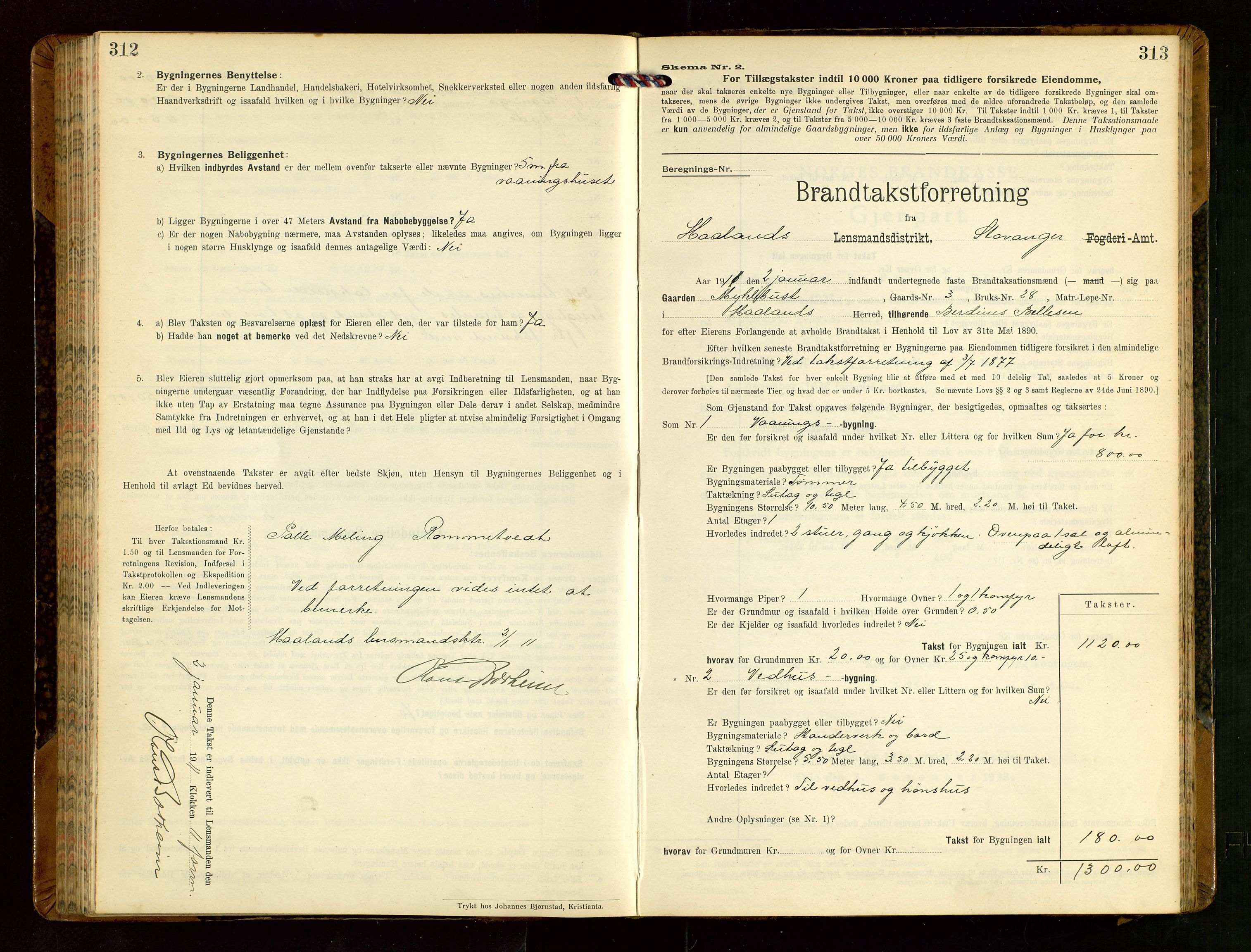 Håland lensmannskontor, SAST/A-100100/Gob/L0004: Branntakstprotokoll - skjematakst. Register i boken., 1913-1915, s. 312-313