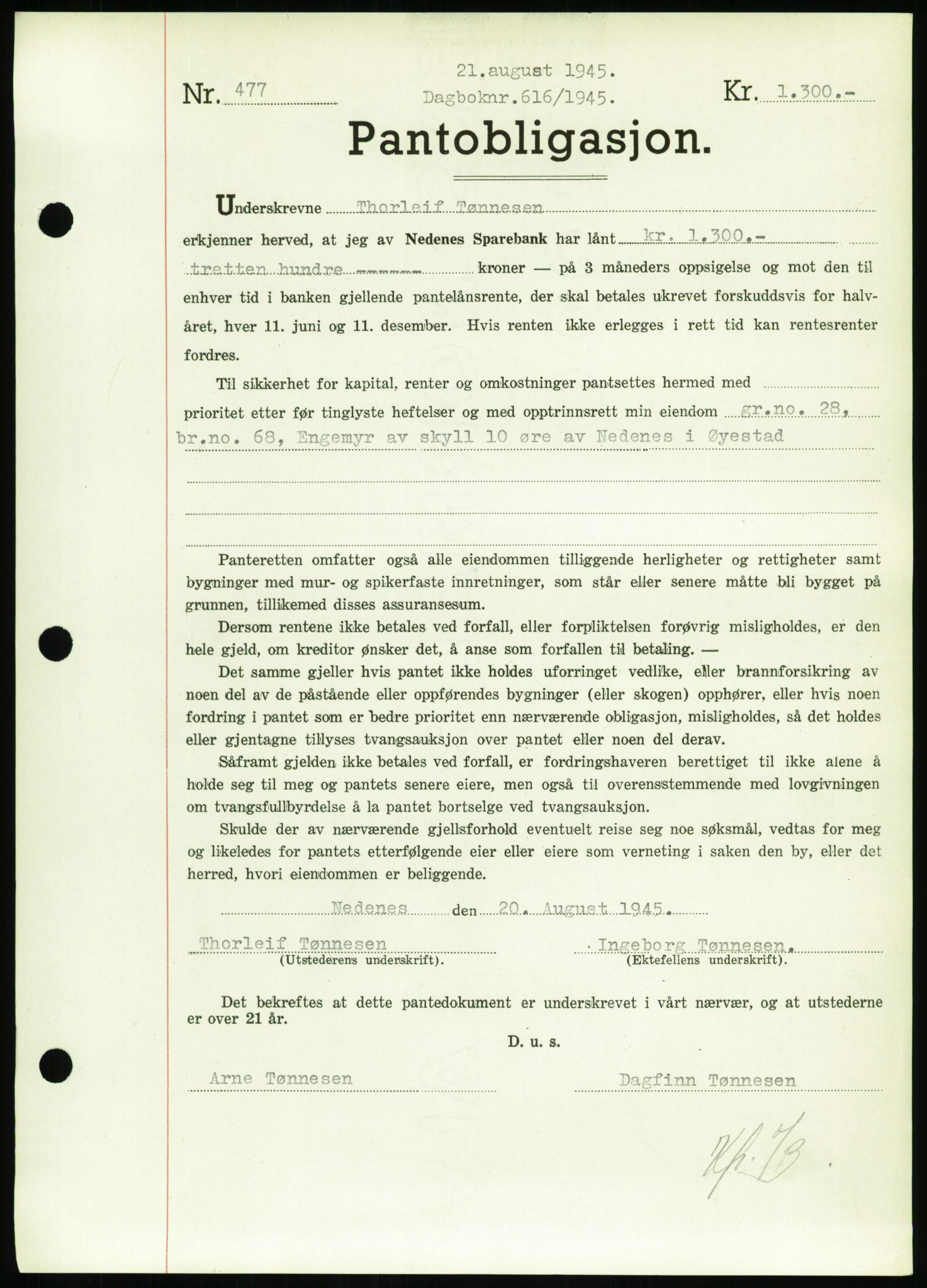 Nedenes sorenskriveri, SAK/1221-0006/G/Gb/Gbb/L0002: Pantebok nr. II, 1942-1945, Dagboknr: 616/1945