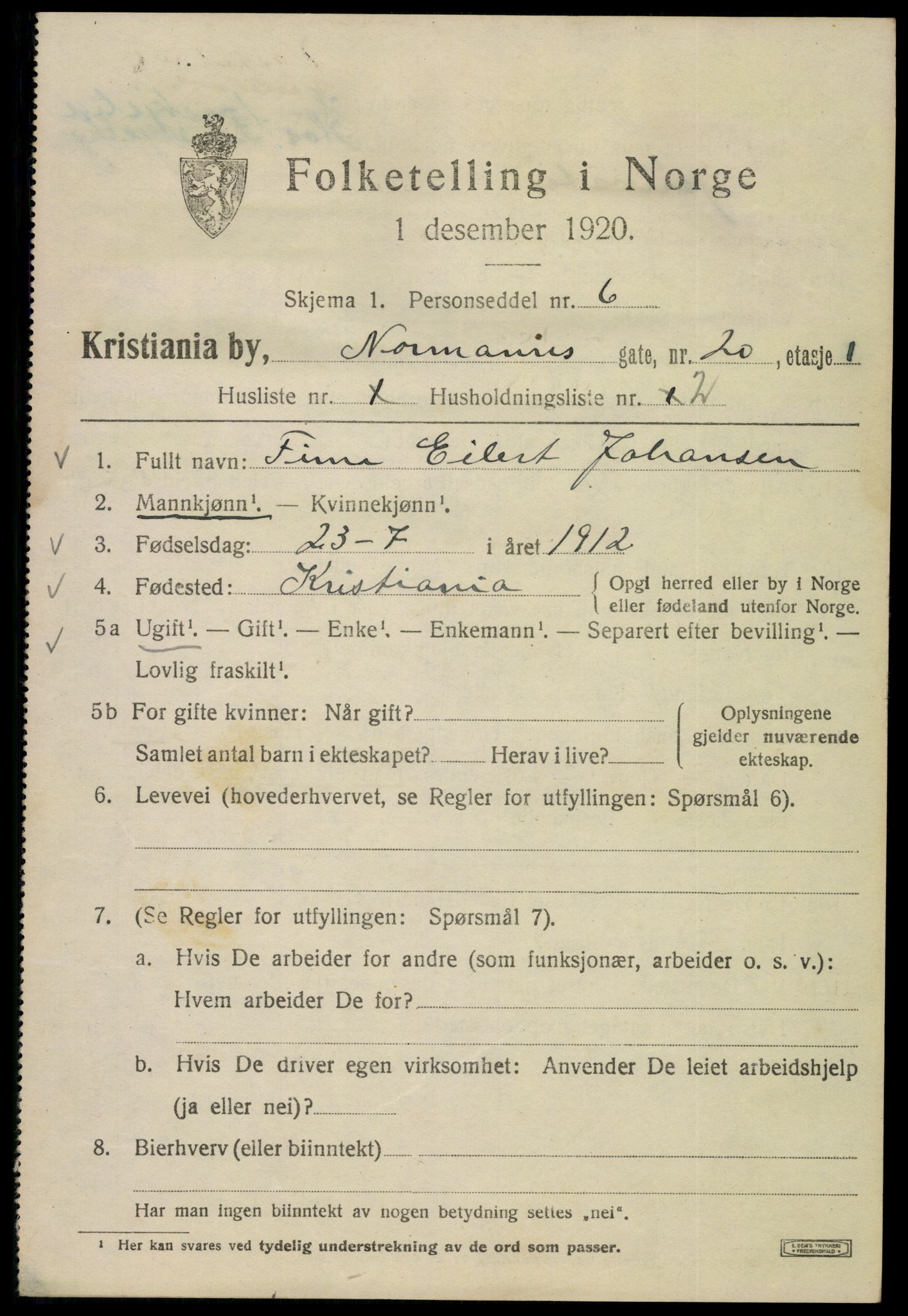 SAO, Folketelling 1920 for 0301 Kristiania kjøpstad, 1920, s. 426393