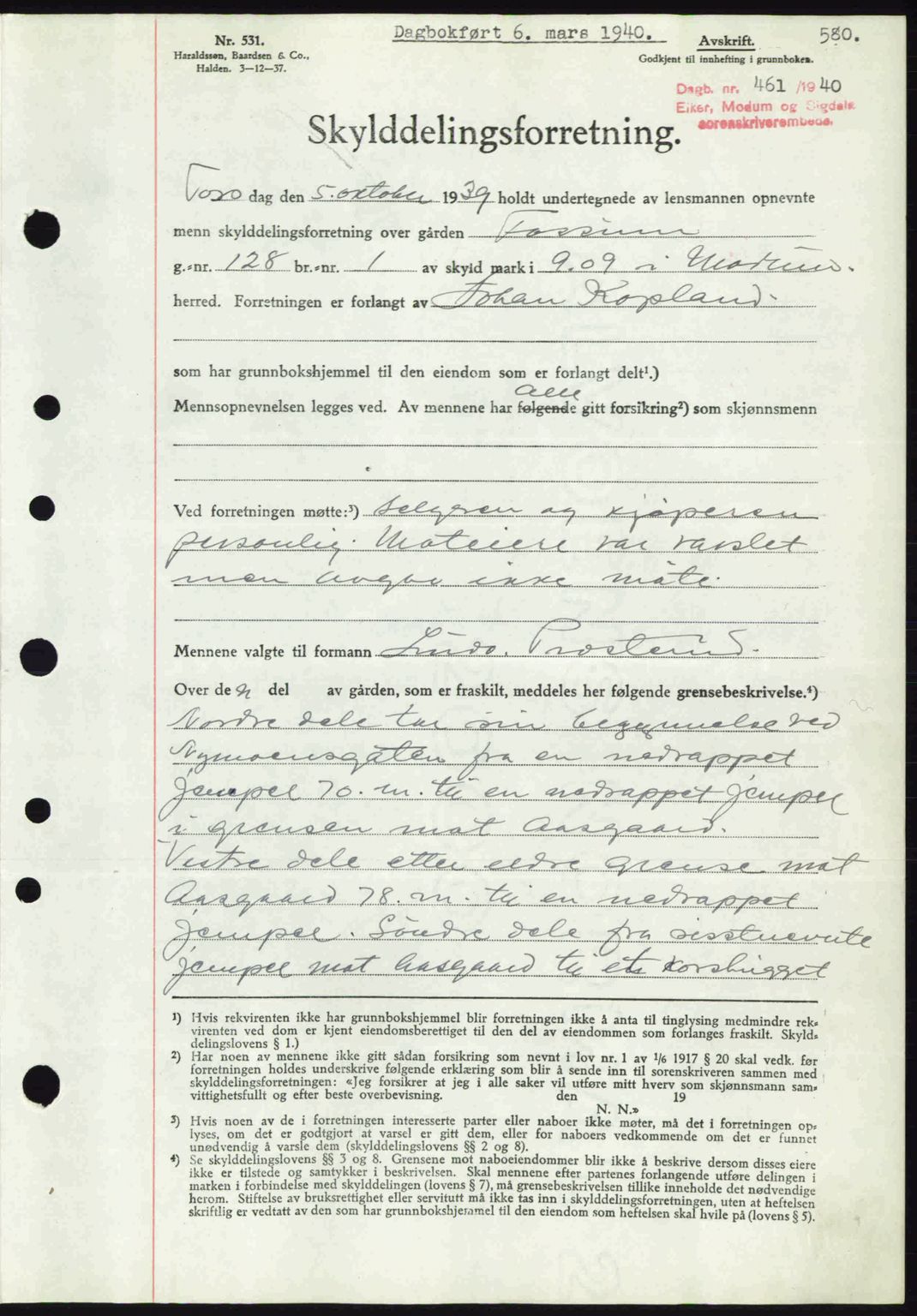Eiker, Modum og Sigdal sorenskriveri, SAKO/A-123/G/Ga/Gab/L0041: Pantebok nr. A11, 1939-1940, Dagboknr: 461/1940
