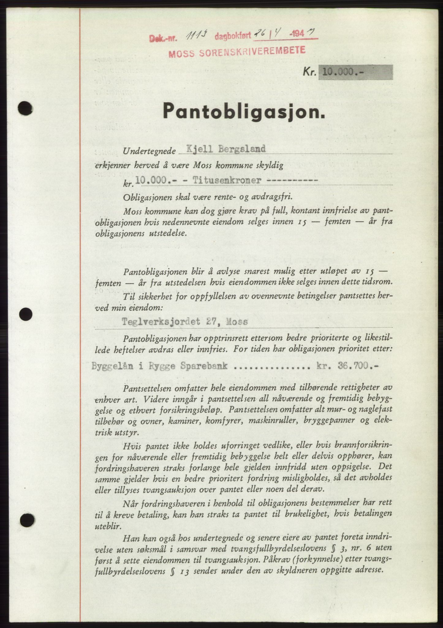 Moss sorenskriveri, SAO/A-10168: Pantebok nr. B17, 1947-1947, Dagboknr: 1113/1947