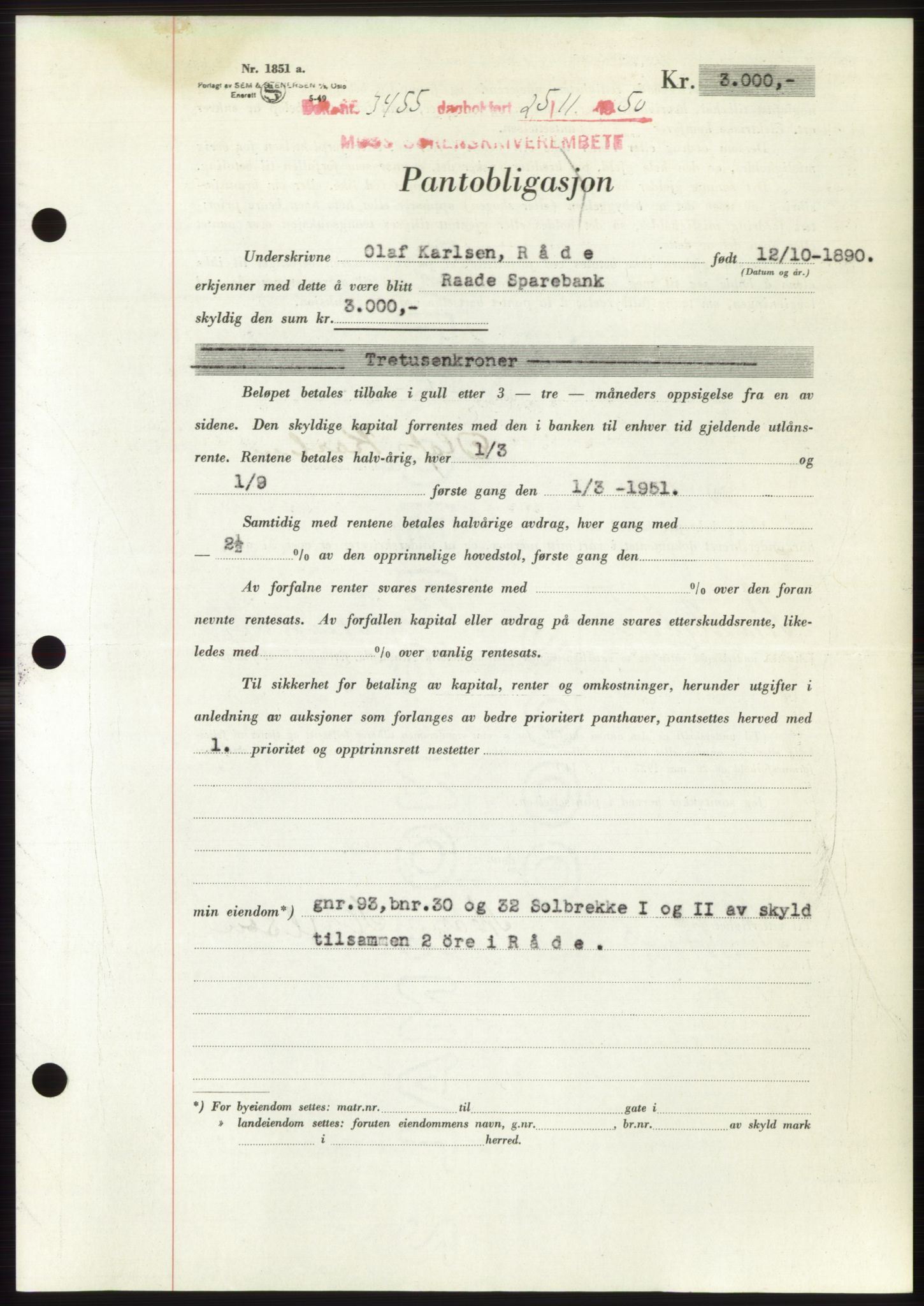 Moss sorenskriveri, SAO/A-10168: Pantebok nr. B25, 1950-1950, Dagboknr: 3455/1950