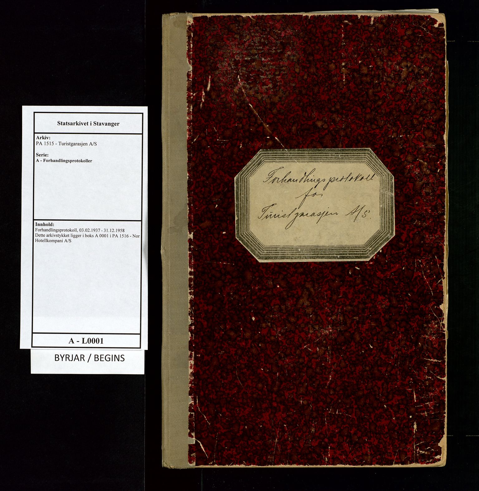 PA 1515 - Turistgarasjen A/S, AV/SAST-A-101920/A/L0001: Forhandlingsprotokoll, 1937-1958, s. 1