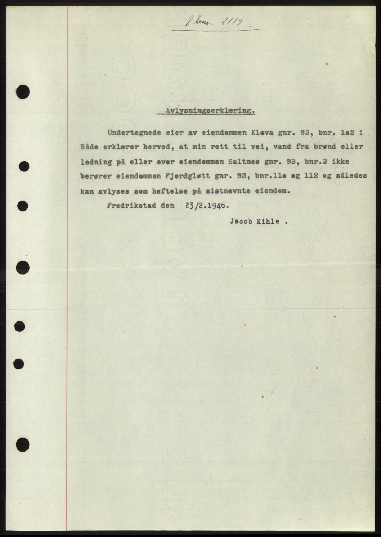 Moss sorenskriveri, SAO/A-10168: Pantebok nr. B15, 1946-1946, Dagboknr: 2119/1946