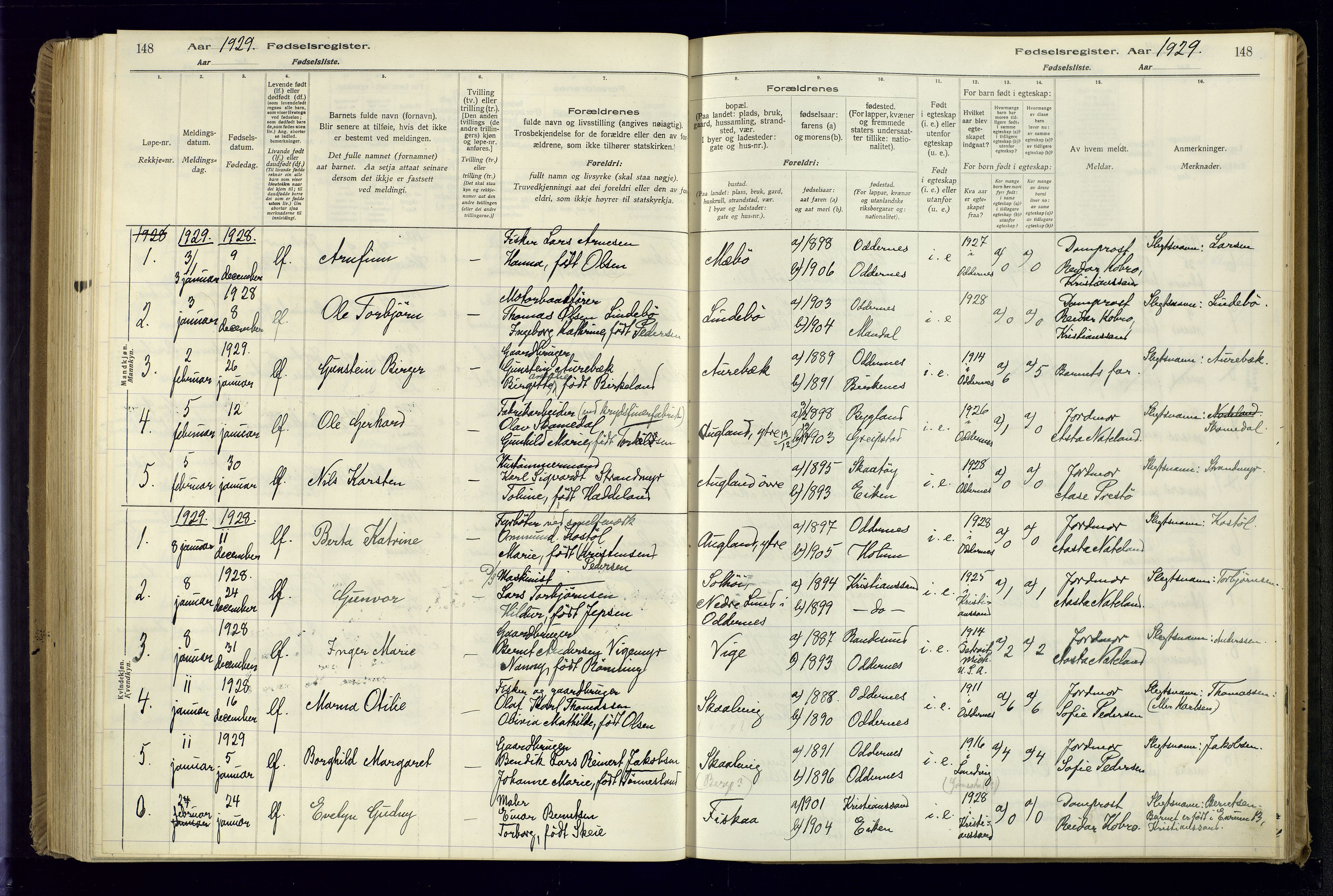 Oddernes sokneprestkontor, SAK/1111-0033/J/Ja/L0001: Fødselsregister nr. 1, 1916-1935, s. 148