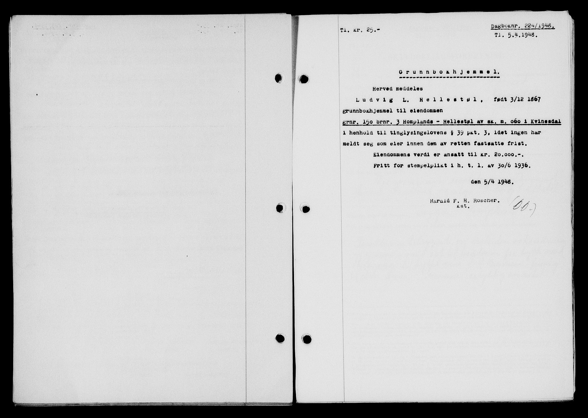 Flekkefjord sorenskriveri, SAK/1221-0001/G/Gb/Gba/L0063: Pantebok nr. A-11, 1947-1948, Dagboknr: 224/1948
