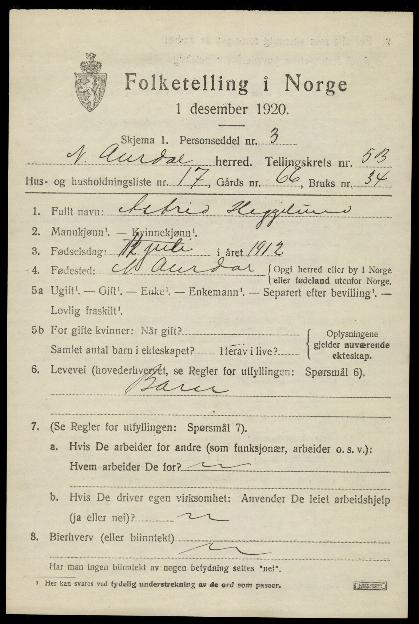 SAH, Folketelling 1920 for 0542 Nord-Aurdal herred, 1920, s. 5336