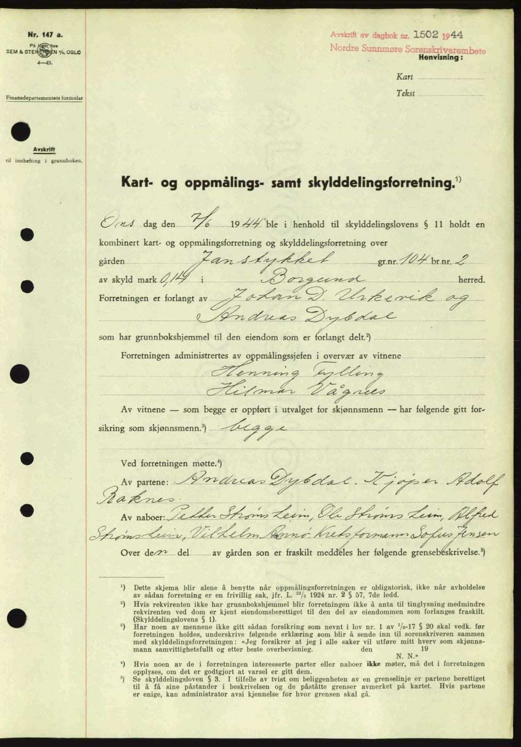 Nordre Sunnmøre sorenskriveri, SAT/A-0006/1/2/2C/2Ca: Pantebok nr. A19, 1944-1945, Dagboknr: 1502/1944