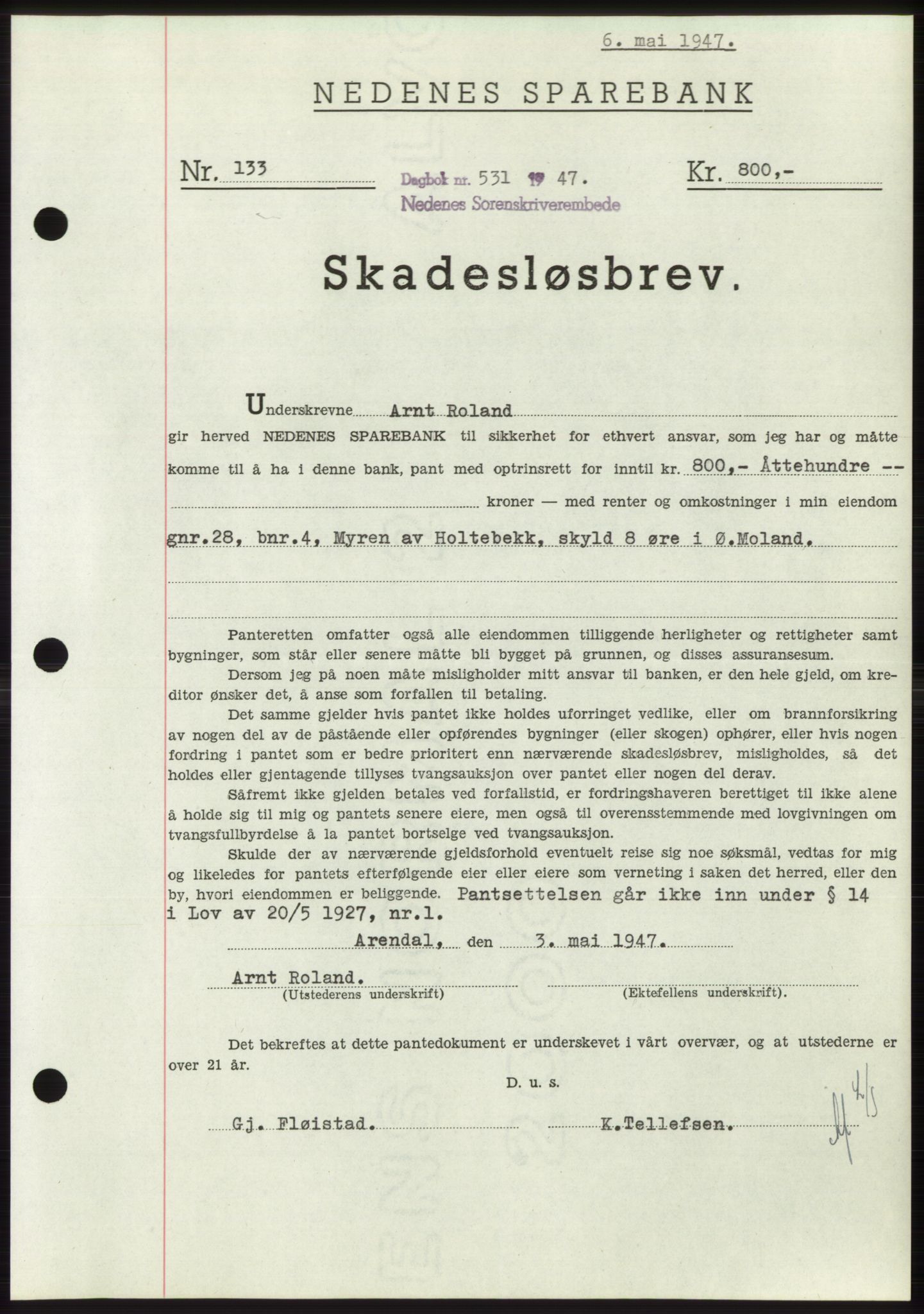 Nedenes sorenskriveri, SAK/1221-0006/G/Gb/Gbb/L0004: Pantebok nr. B4, 1947-1947, Dagboknr: 531/1947