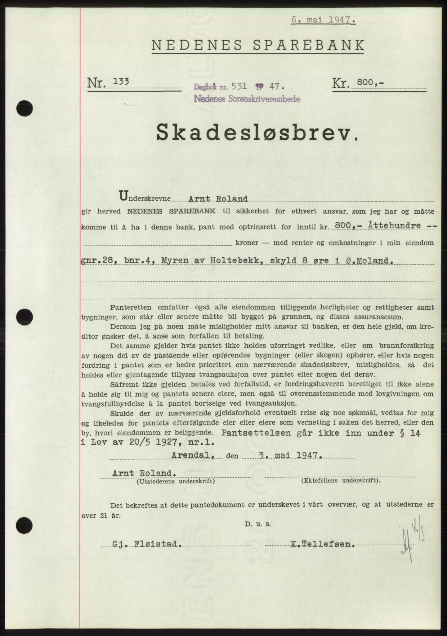 Nedenes sorenskriveri, AV/SAK-1221-0006/G/Gb/Gbb/L0004: Pantebok nr. B4, 1947-1947, Dagboknr: 531/1947