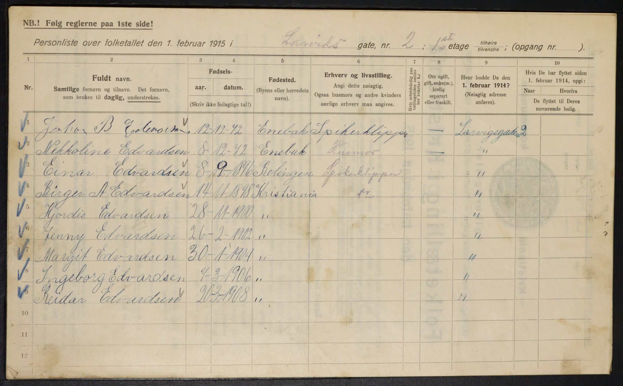 OBA, Kommunal folketelling 1.2.1915 for Kristiania, 1915, s. 56598