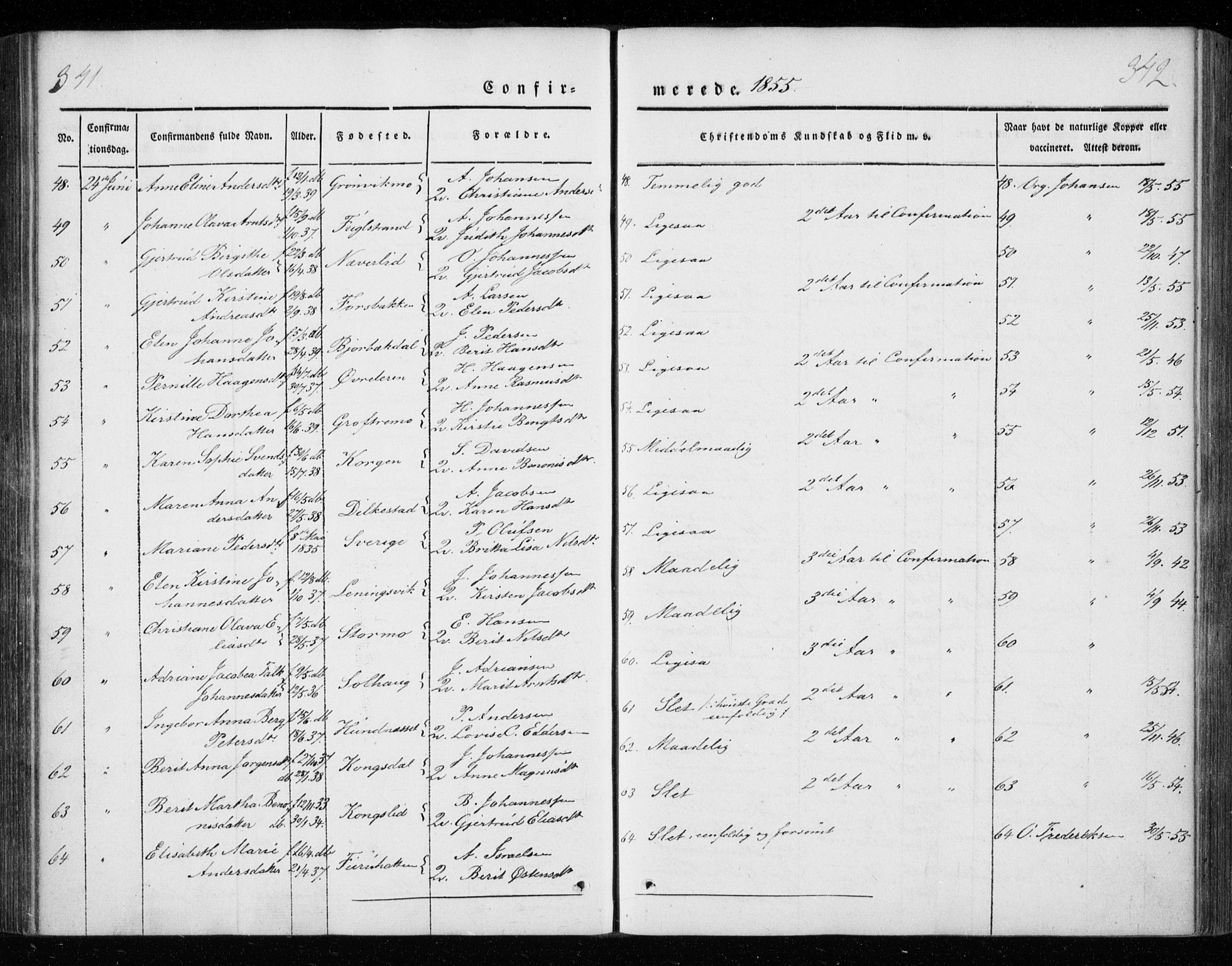 Ministerialprotokoller, klokkerbøker og fødselsregistre - Nordland, AV/SAT-A-1459/825/L0355: Ministerialbok nr. 825A09, 1842-1863, s. 341-342