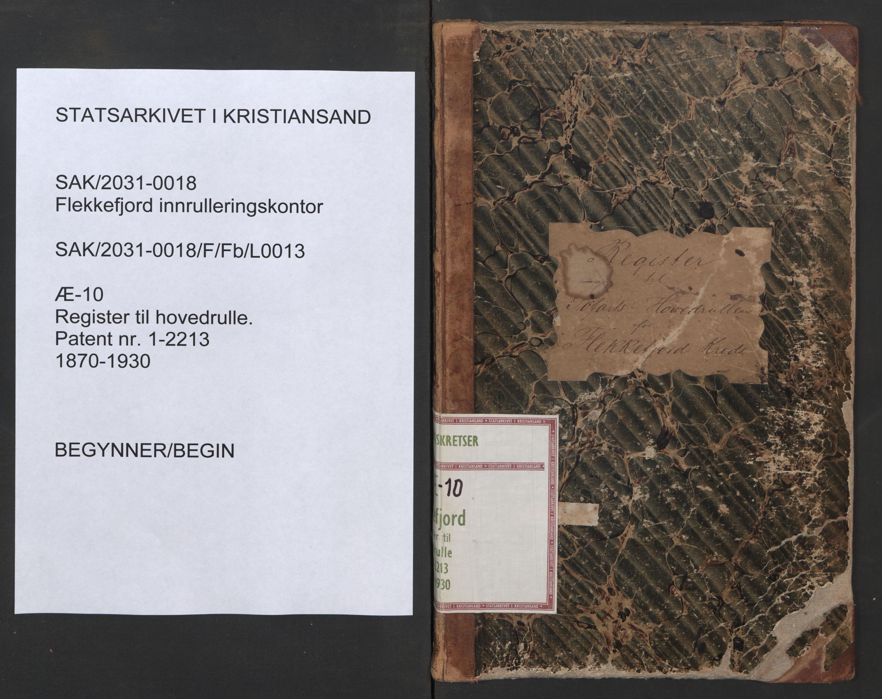 Flekkefjord mønstringskrets, SAK/2031-0018/F/Fb/L0013: Register til hovedrulle nr 1-2213, Æ-10, 1870-1930, s. 1