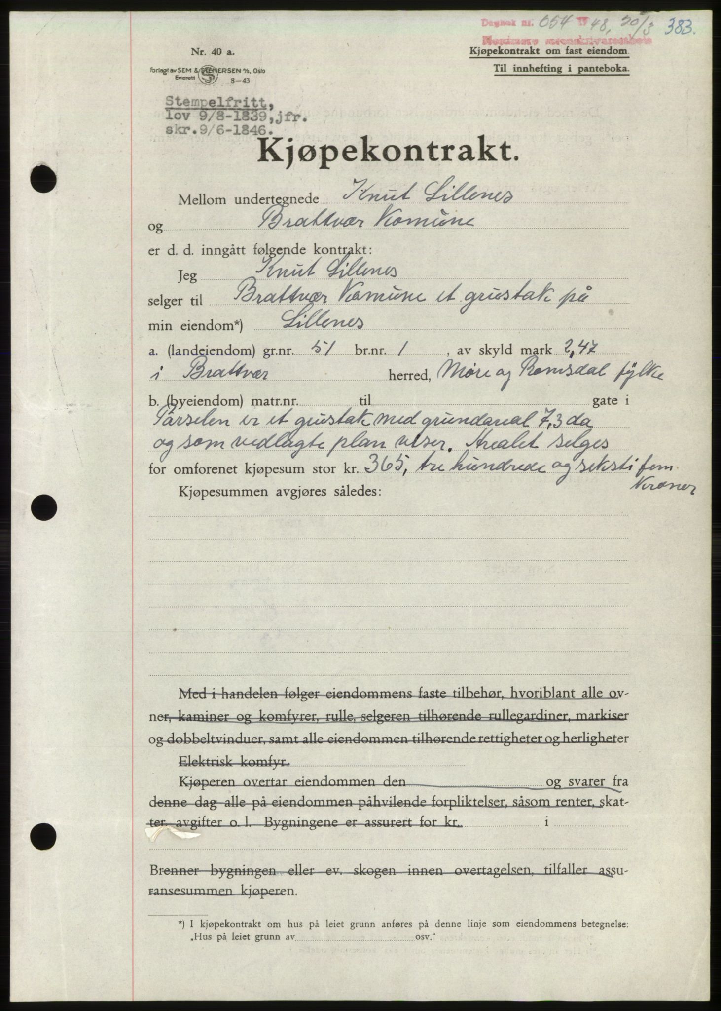 Nordmøre sorenskriveri, SAT/A-4132/1/2/2Ca: Pantebok nr. B98, 1948-1948, Dagboknr: 654/1948