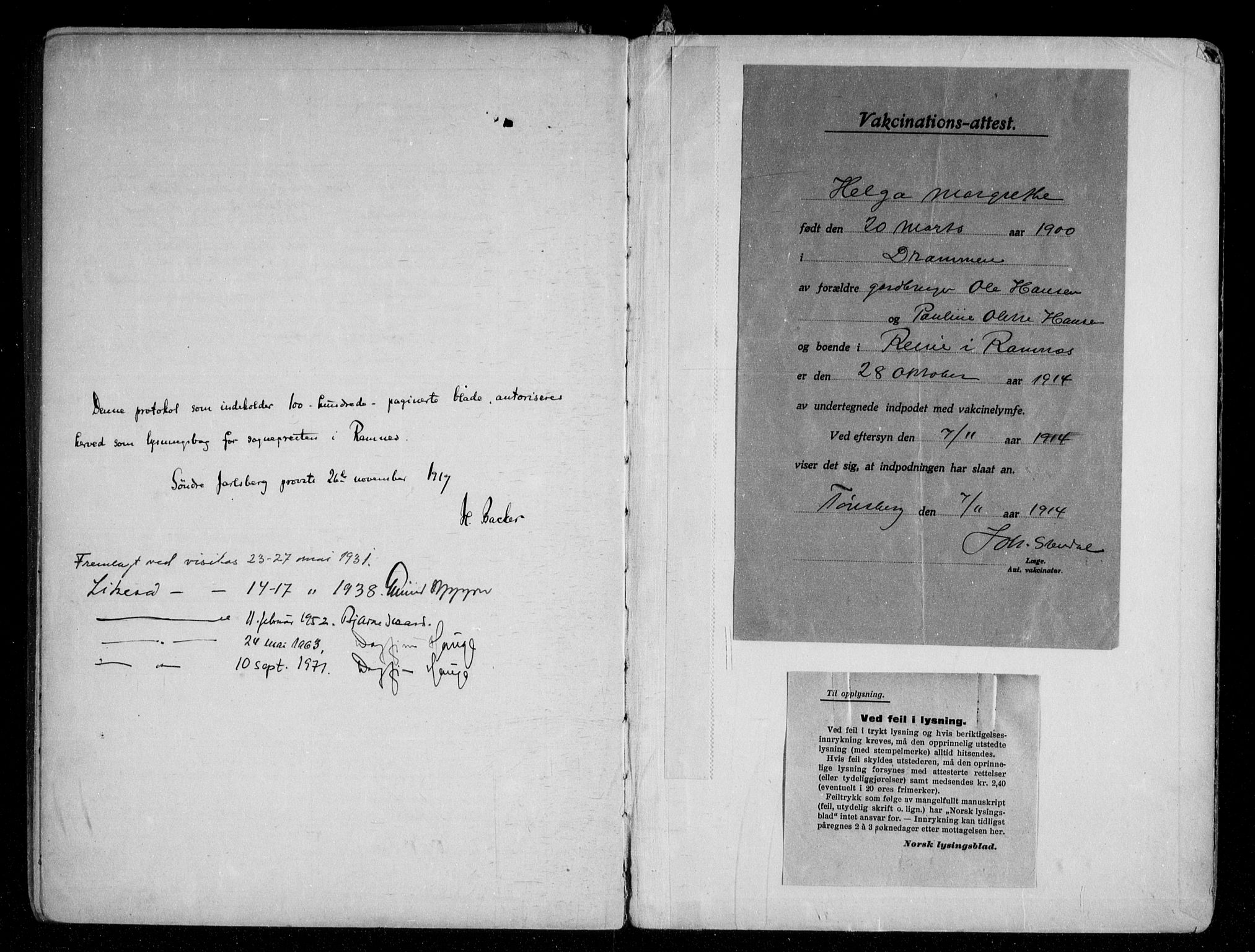 Ramnes kirkebøker, SAKO/A-314/H/Ha/L0001: Lysningsprotokoll nr. 1, 1919-1969